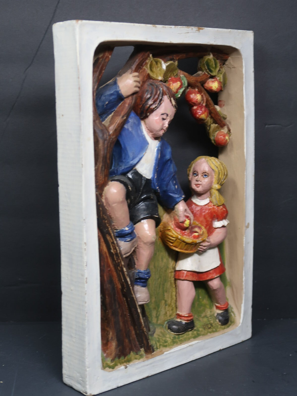 Brother and Sister Gathering Apples Faux Wood Framed Art