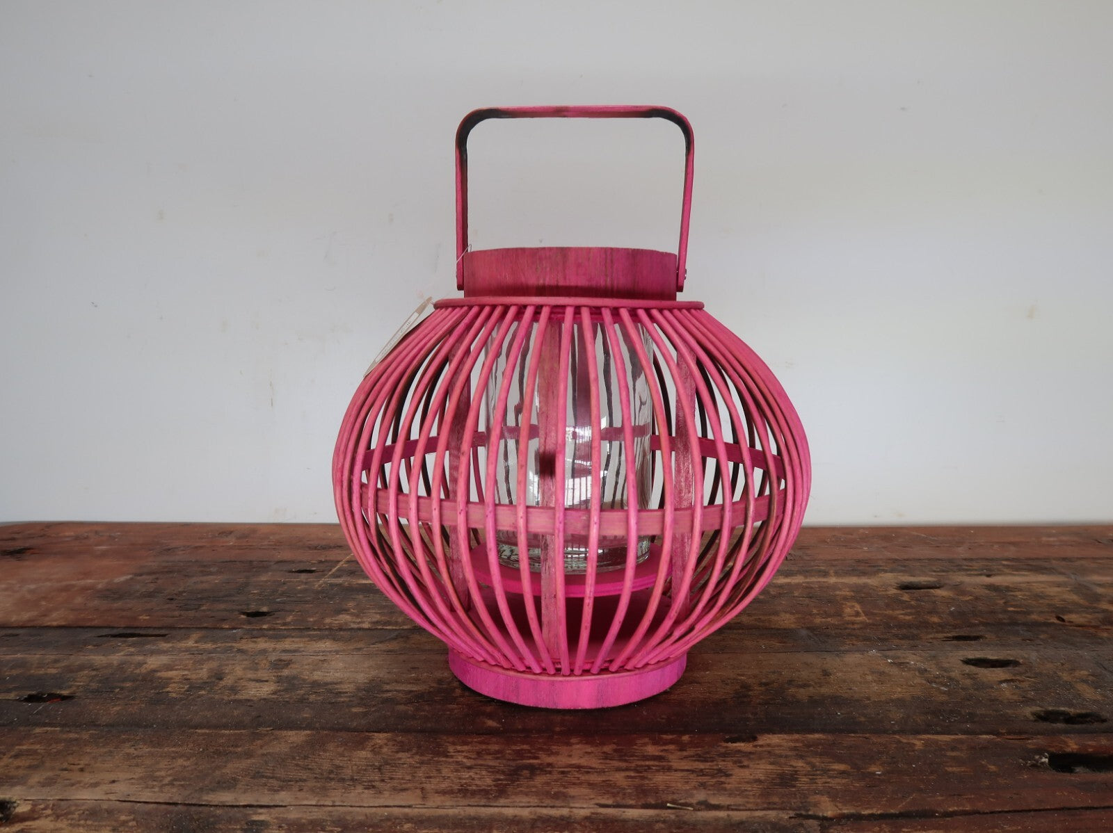 Pink Bamboo Candle Lantern With Handle 10" x 10" x H 8.5"
