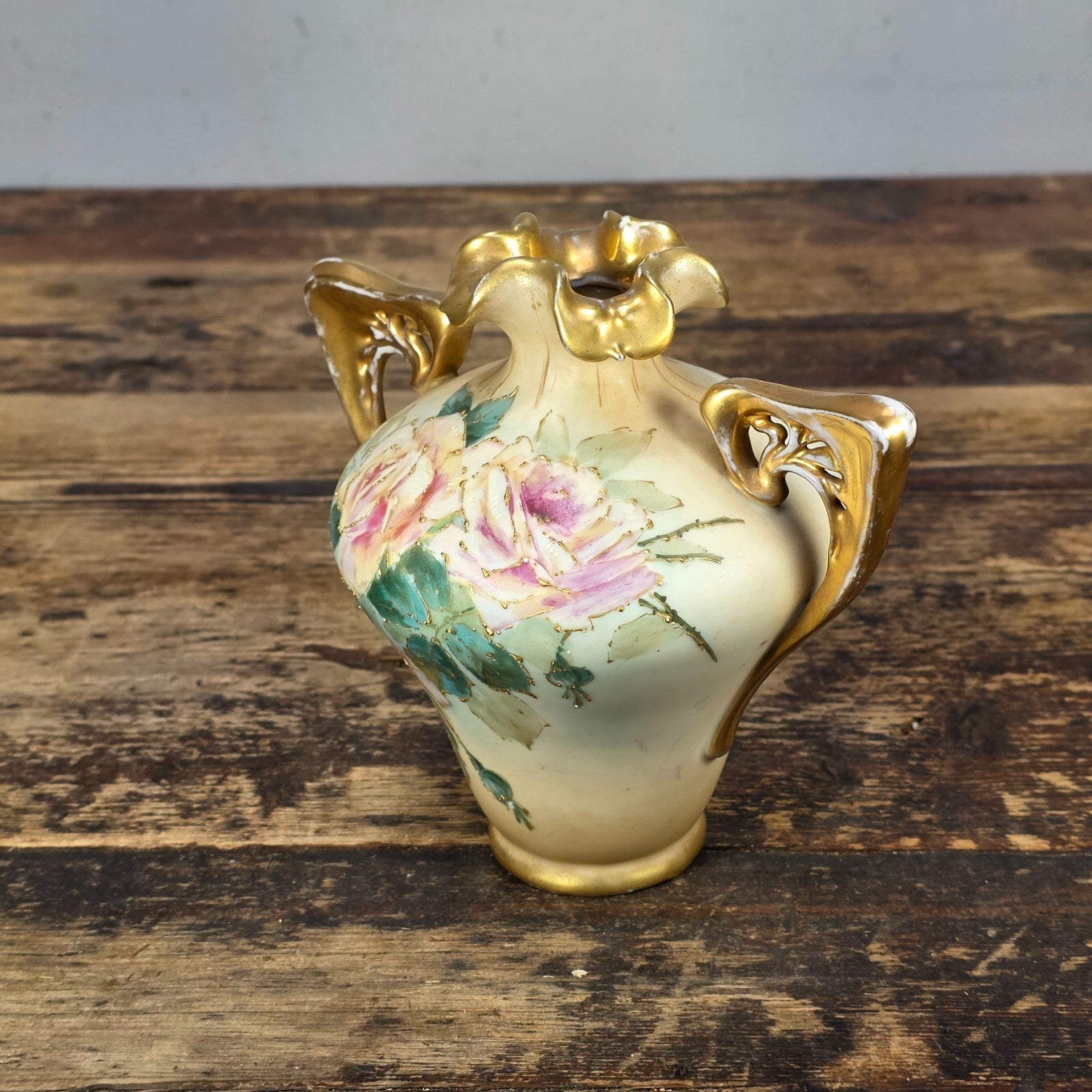 Antique RStK Bohemia Amphora Style Vase Hand Painted Roses Gold Austria c.1900