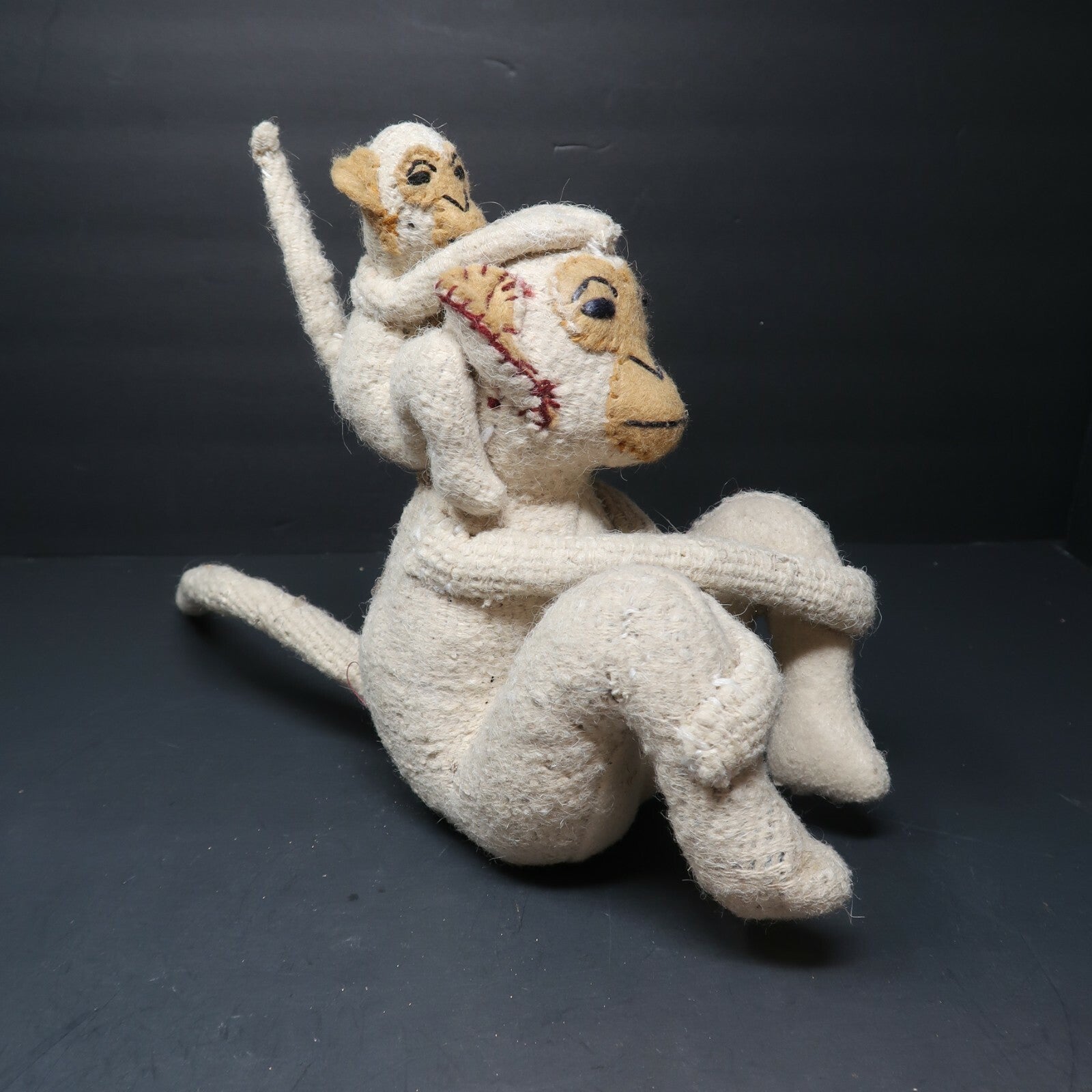 Vintage Plush Monkey Baby Langur Riding on Parent's Shoulder Piggyback H 8.5"