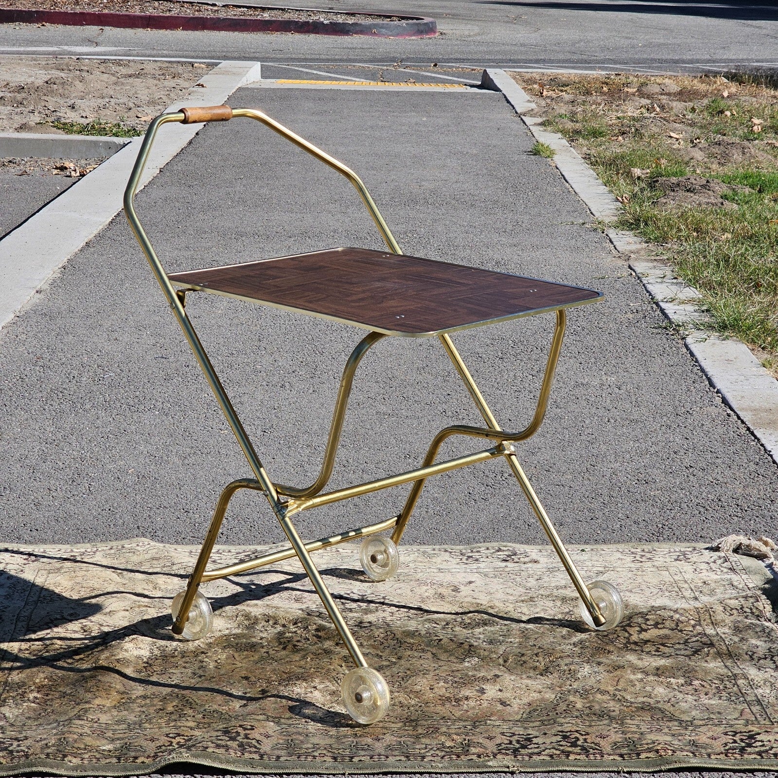 Vintage Mid Century Folding Rolling Bar Serving Cart With Wood Handle