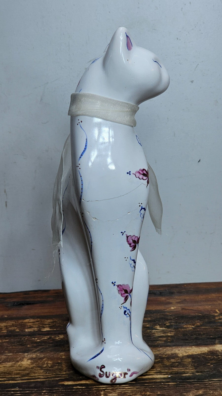 Vintage Porcelain Cat Figurine Hand-Painted Floral Signed 12" H (Has Damages)