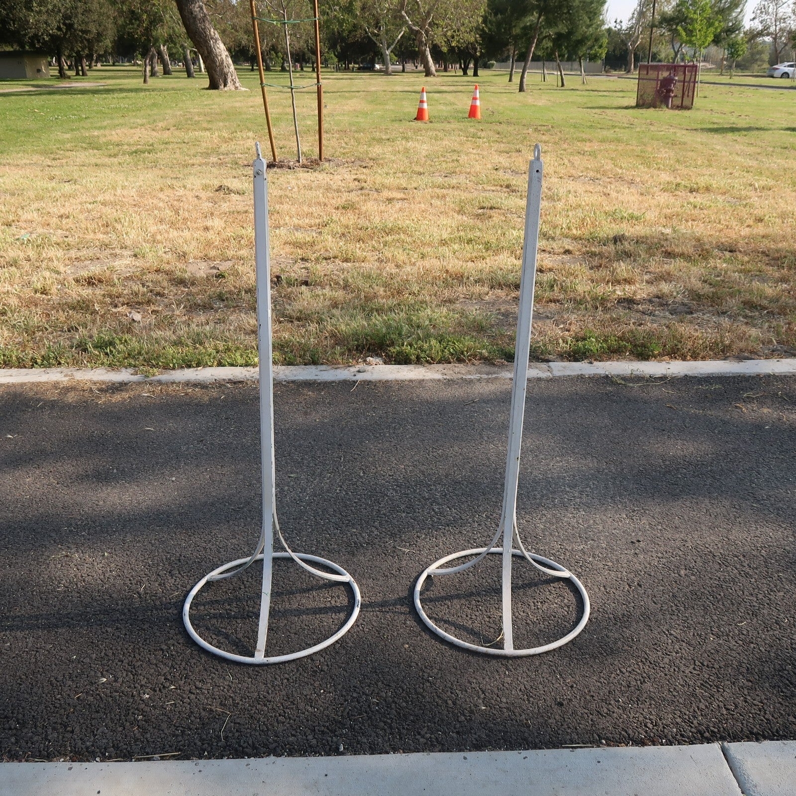 2 Vintage Free Standing Steel Stanchions 40.5" White Aisle Divider (A)