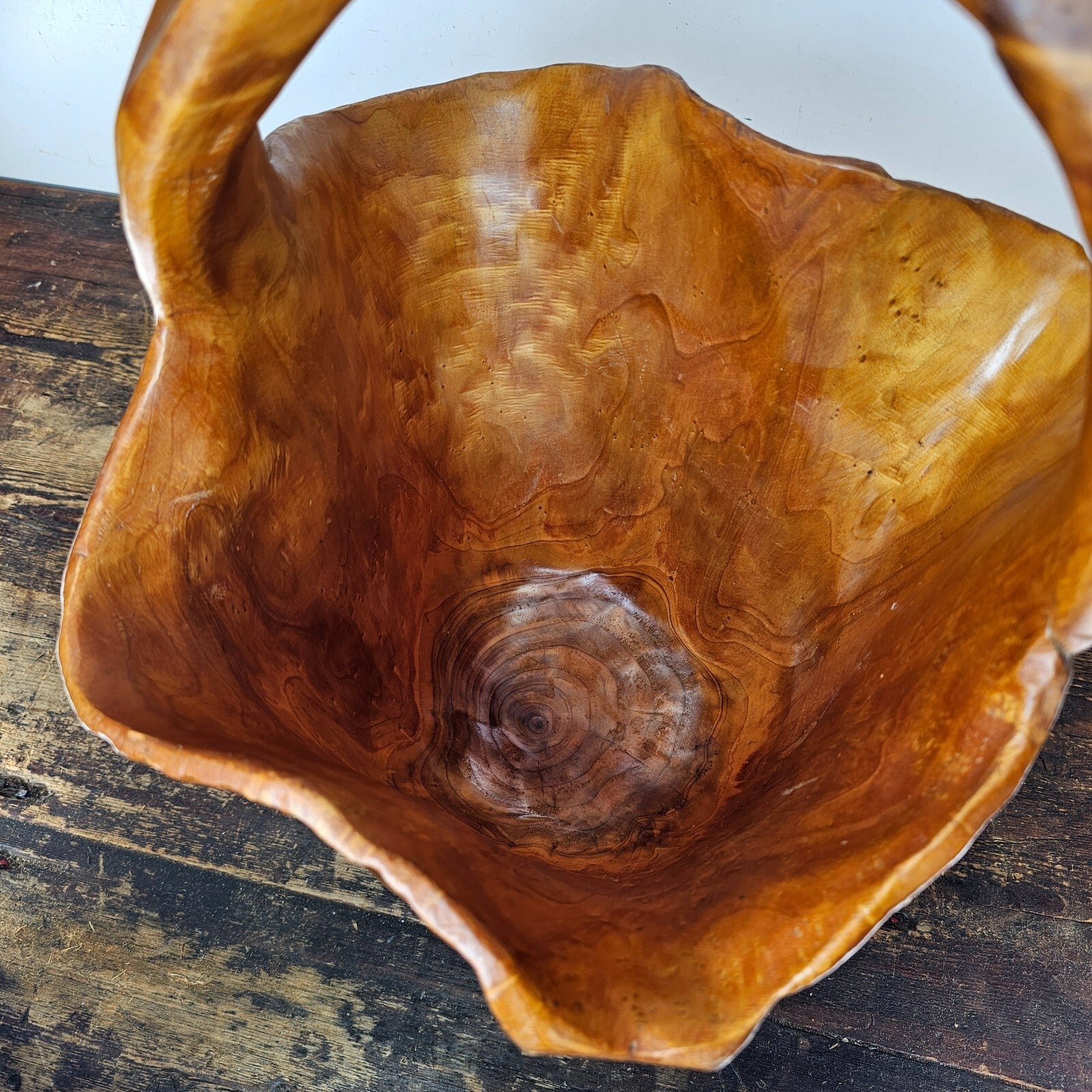 Large Wood Burl Root Hand Carved Bowl Basket with Handle 13.5" x 13.5" x 19.5"H