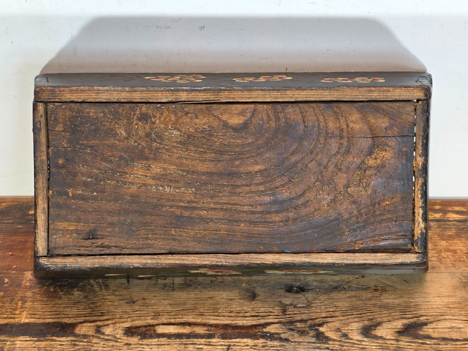 Antique Hand-Painted Wooden Box with Floral and Fruit Motif