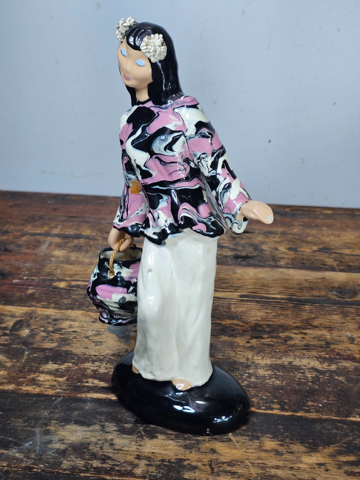 Vintage Hedi Schoop Ceramic Asian Lady with Basket Signed 1950s