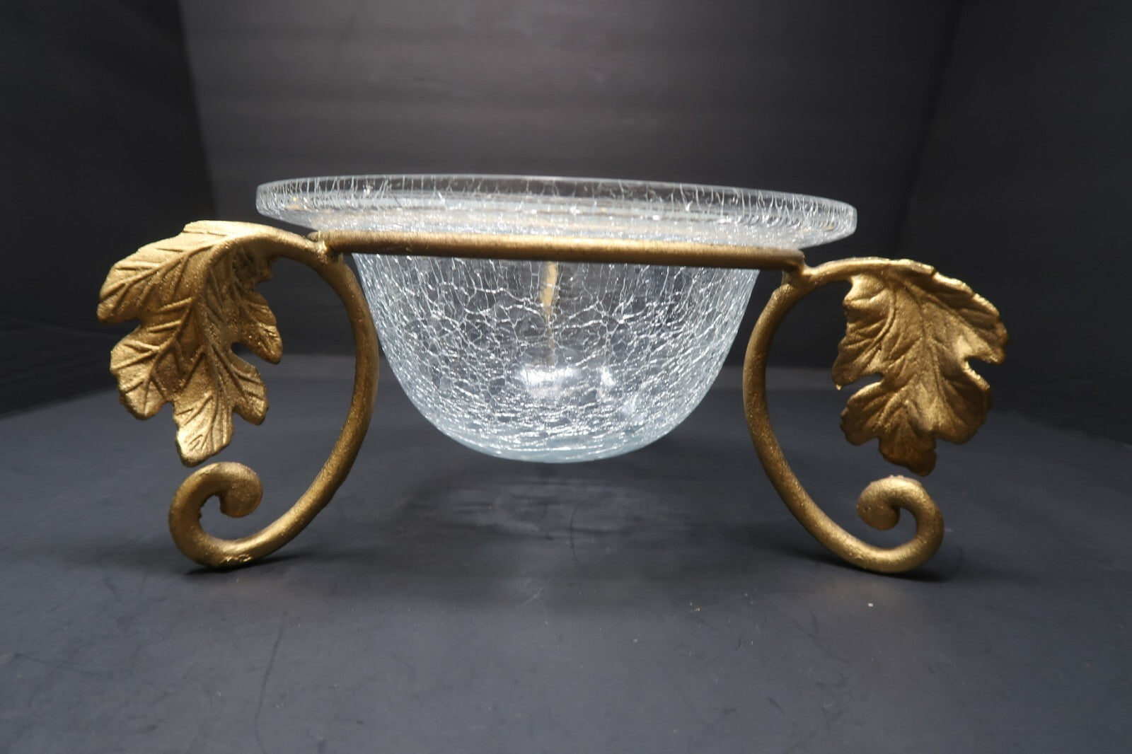Crackle Glass Bowl on Metal Gold Autumn Leaf Stand
