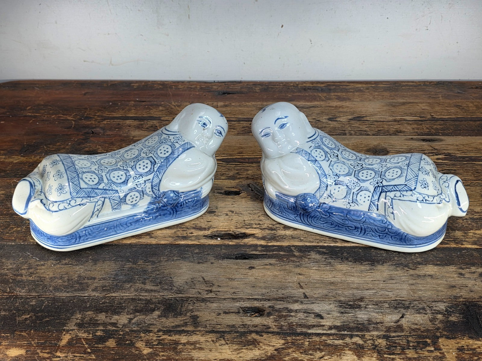 Vintage Pair of Chinese Blue & White Porcelain Pillows - "Lounging Boys"
