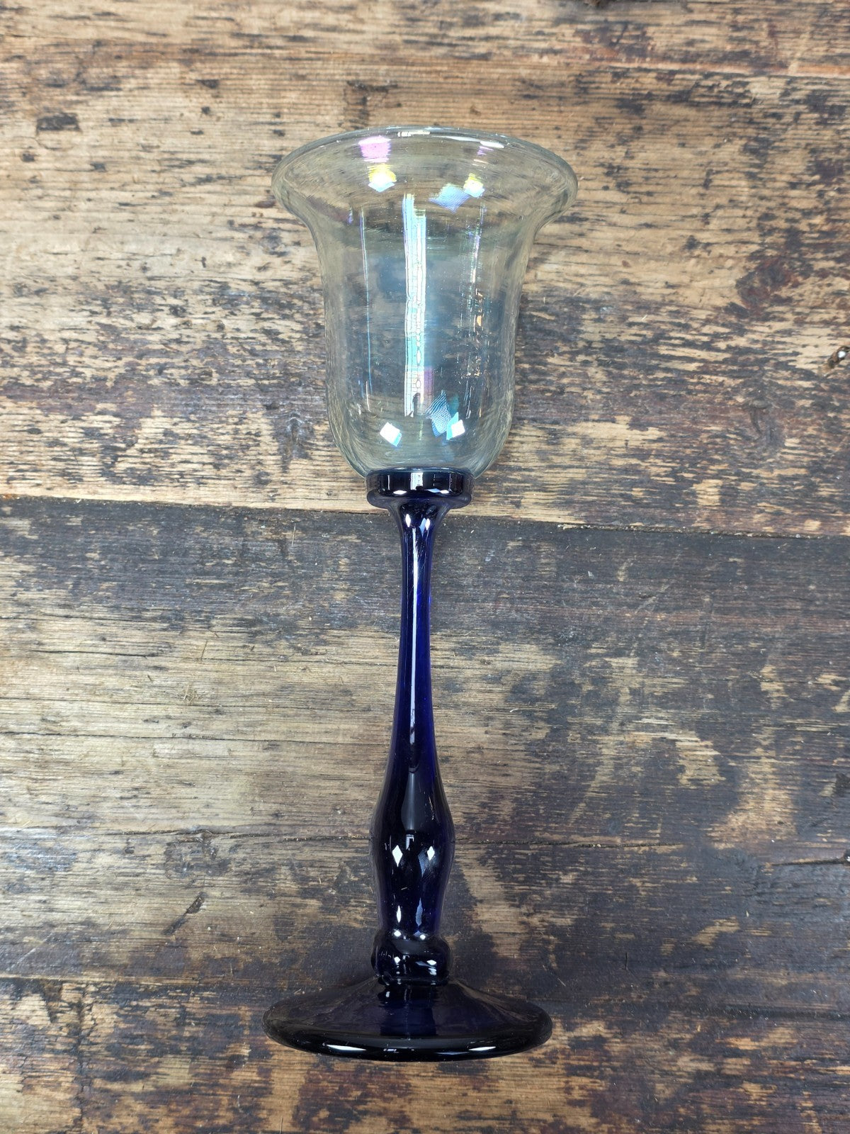 Set of 5 Rick Strini Art Glass Goblets Iridescent & Cobalt Blue Signed c.1970s