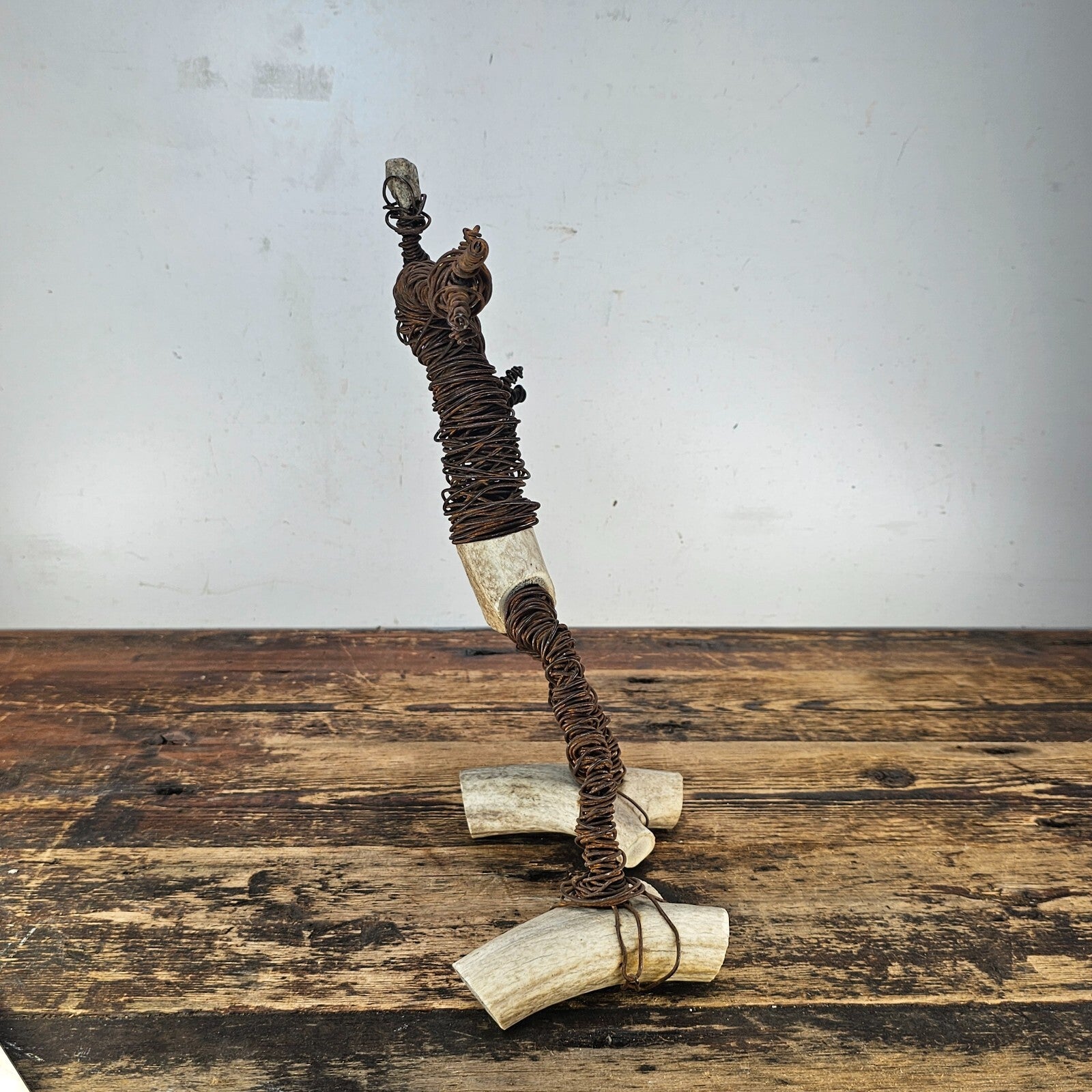Brutalist Wire & Bone Figural Sculpture 13"H