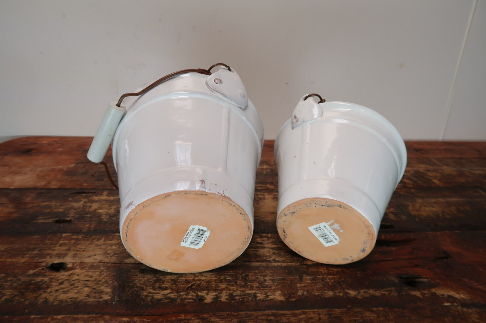Set of 2 White Porcelain Pails Ceramic Buckets Plant Pot With Wood Handles