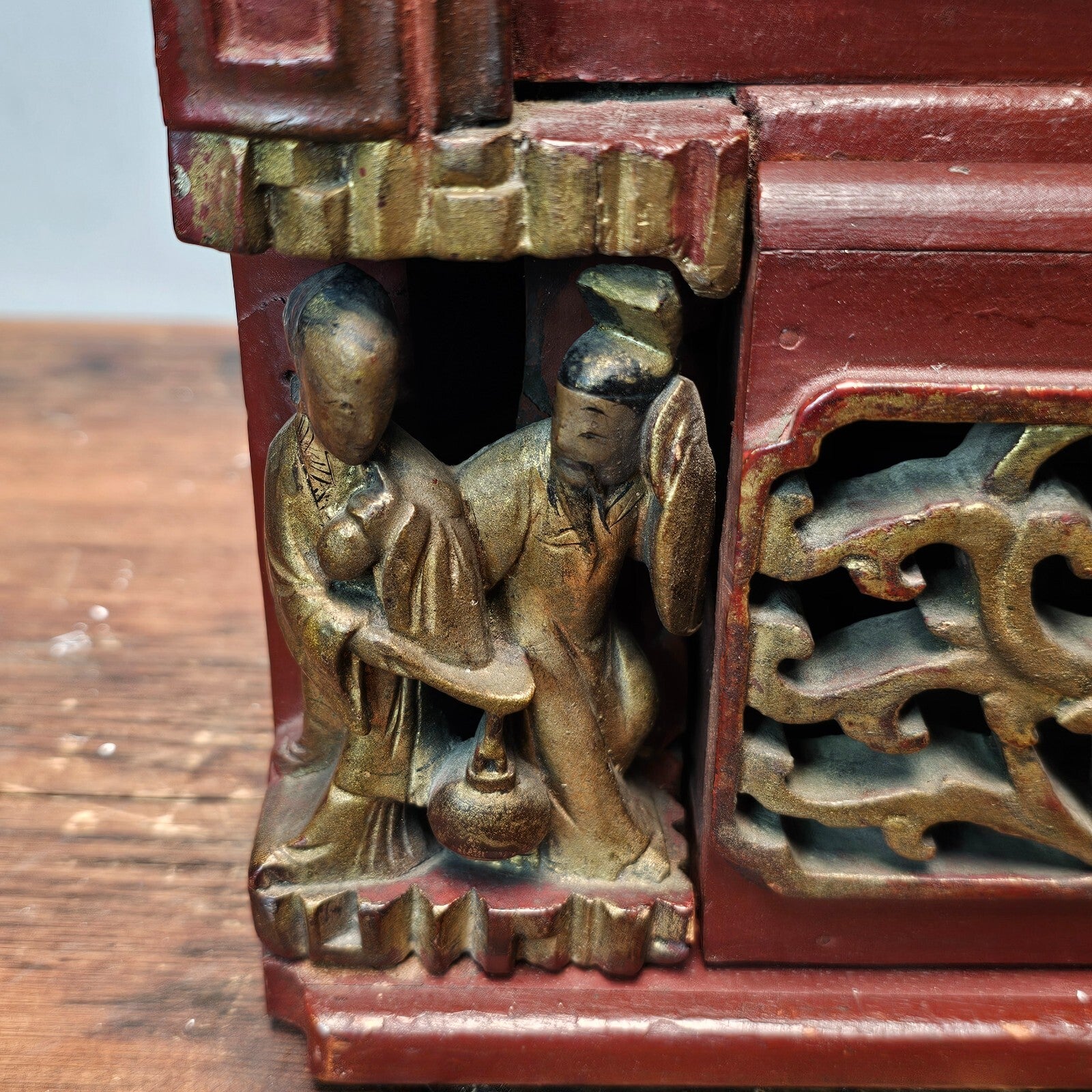 Antique Chinese Red & Gilt Carved Wood Chest Box