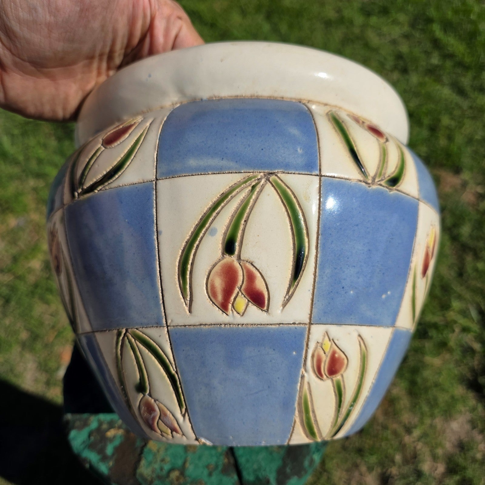 Studio Art Ceramic Planter Pot with Tulip Checkerboard Pattern Signed 9"Dia