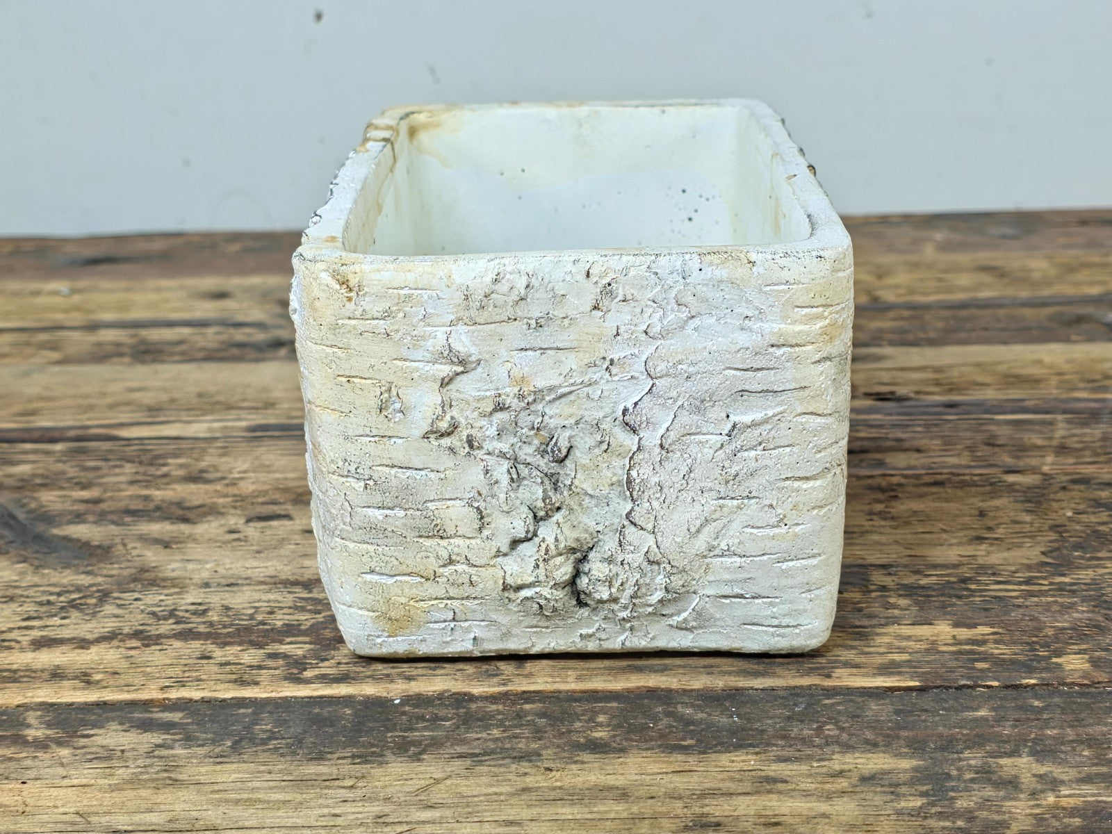 Birch Bark Texture Cement Planter – Rustic White Rectangular Pot 8.5"