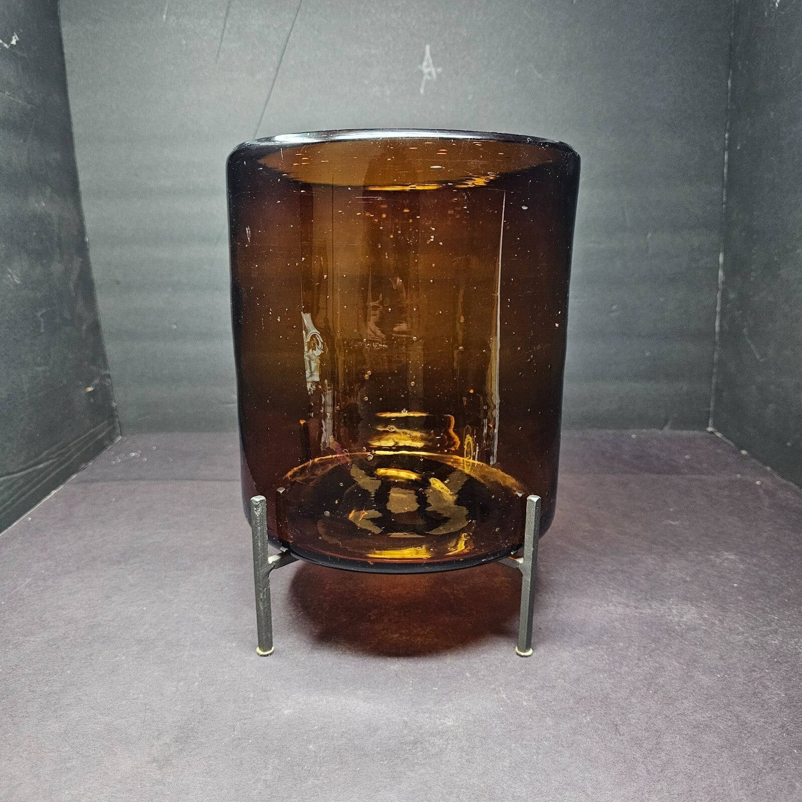 Amber Glass Cylinder Storage Container Flower Vase With Metal Stand
