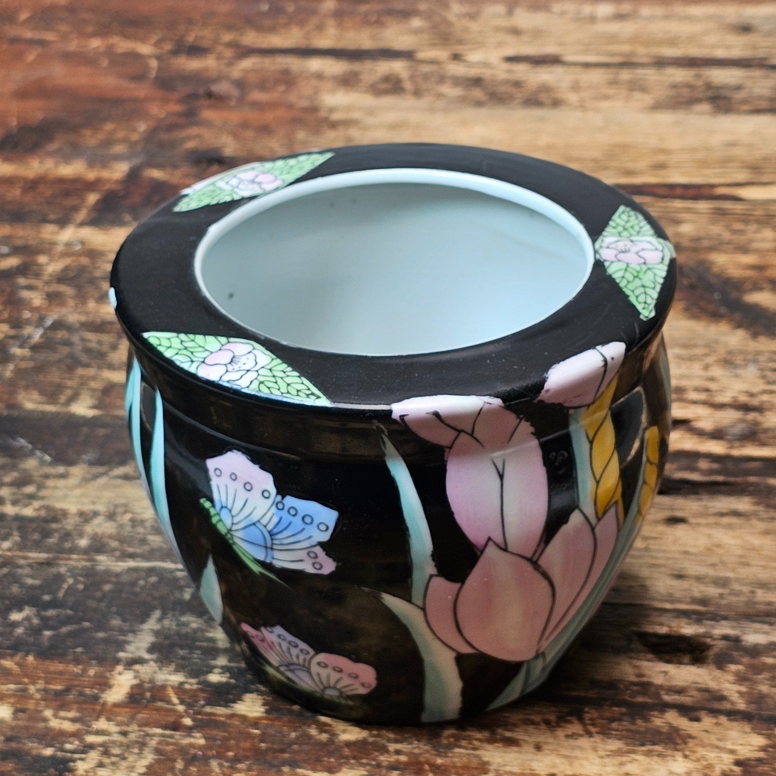 Vintage Ceramic Planter | Pastel Floral & Butterfly Motif 6" Dia. x 5" H