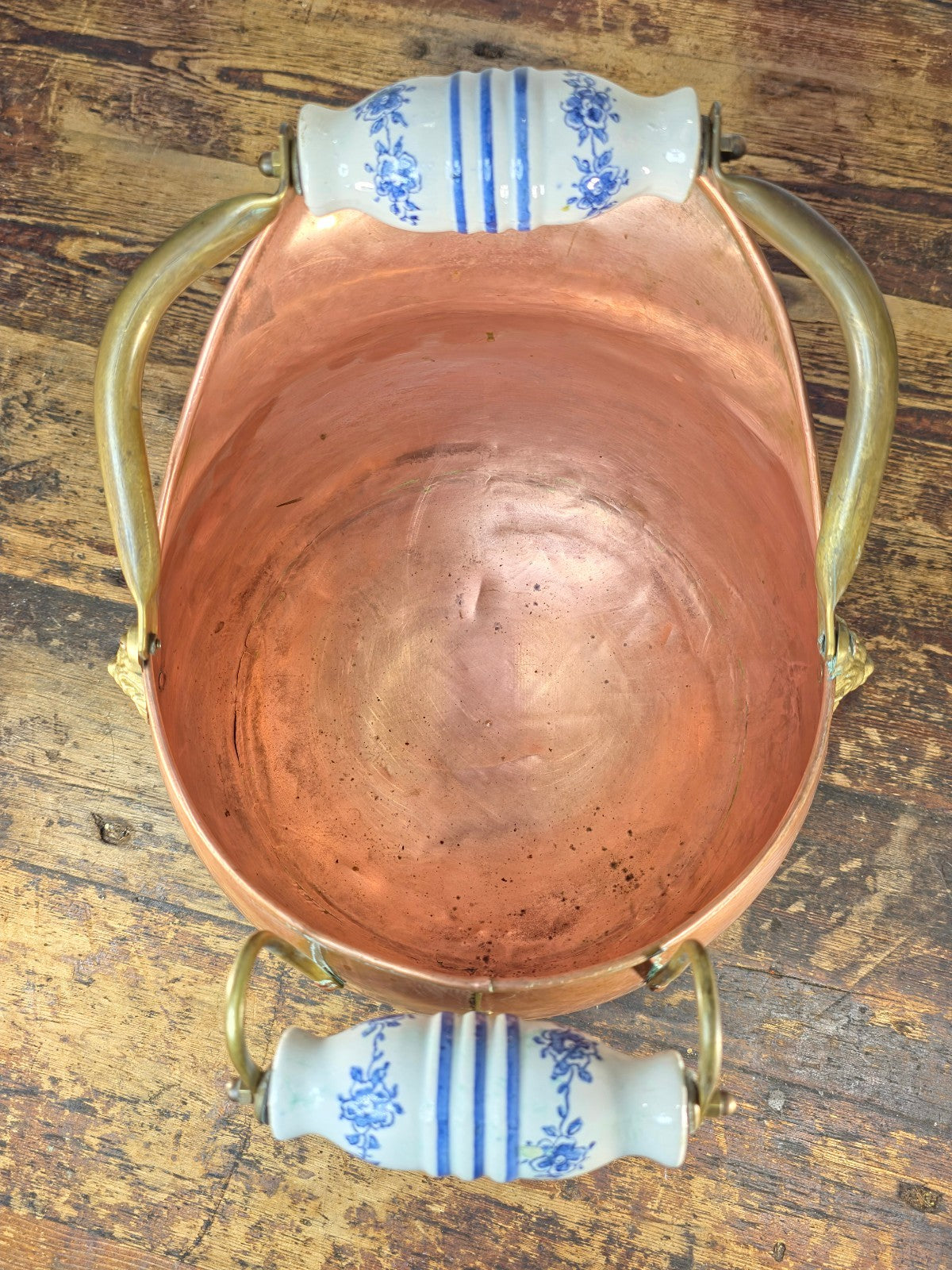 Vintage Copper & Brass Coal Scuttle w/ Delft-Style Ceramic Handles & Lion Heads