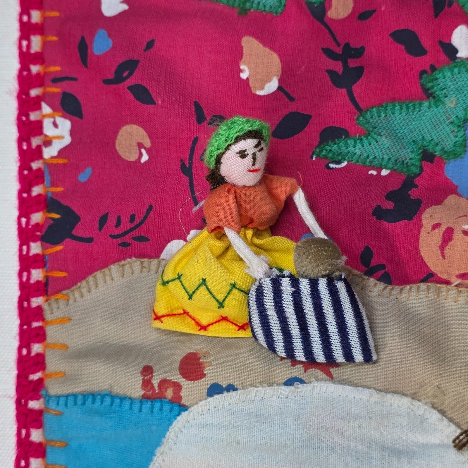 Vintage Peruvian Arpillera Wall Embroidery Textile Art “Cosecha de …” 19"x17"