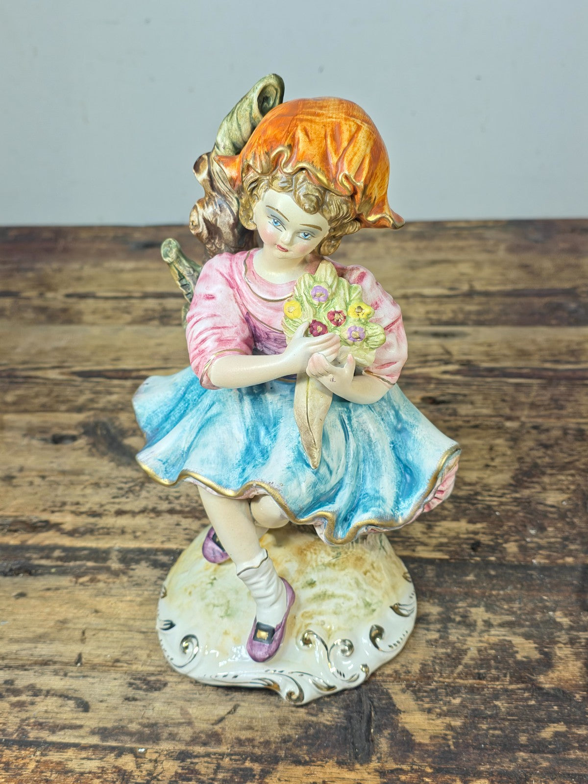 Vintage Italian Porcelain Girl Figurine — Capodimonte Style, Crown N Mark 10.5"T