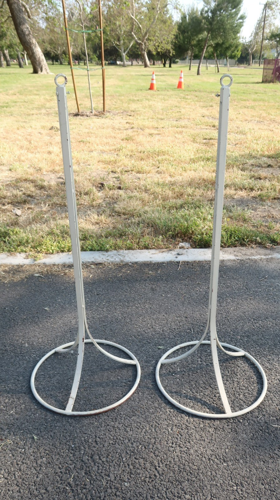 2 Vintage Free Standing Steel Stanchions 40.5" Cream Aisle Divider (B)