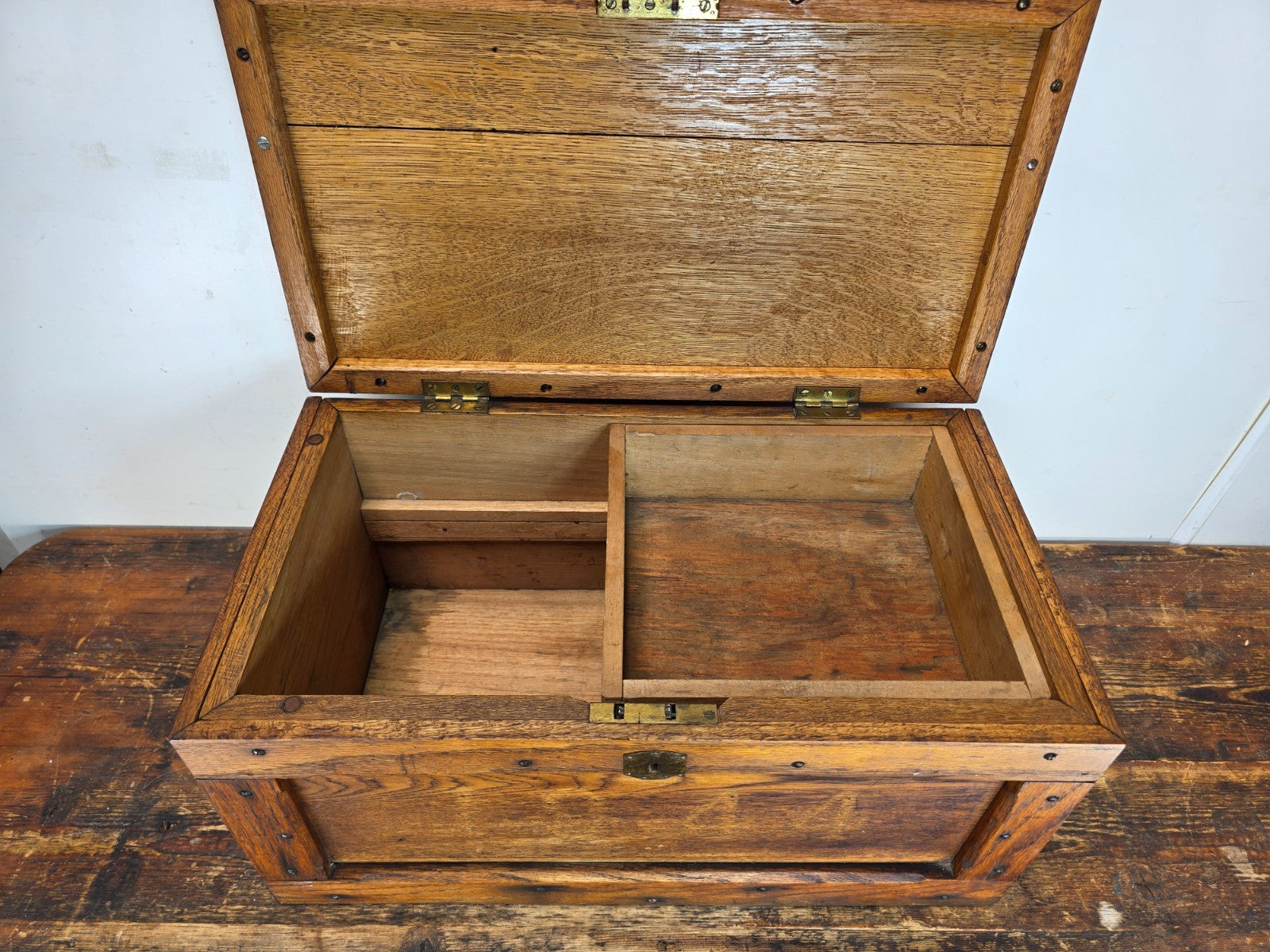 Antique Oak Wooden Tool Box with Brass Hardware & Tray (1920s–40s)