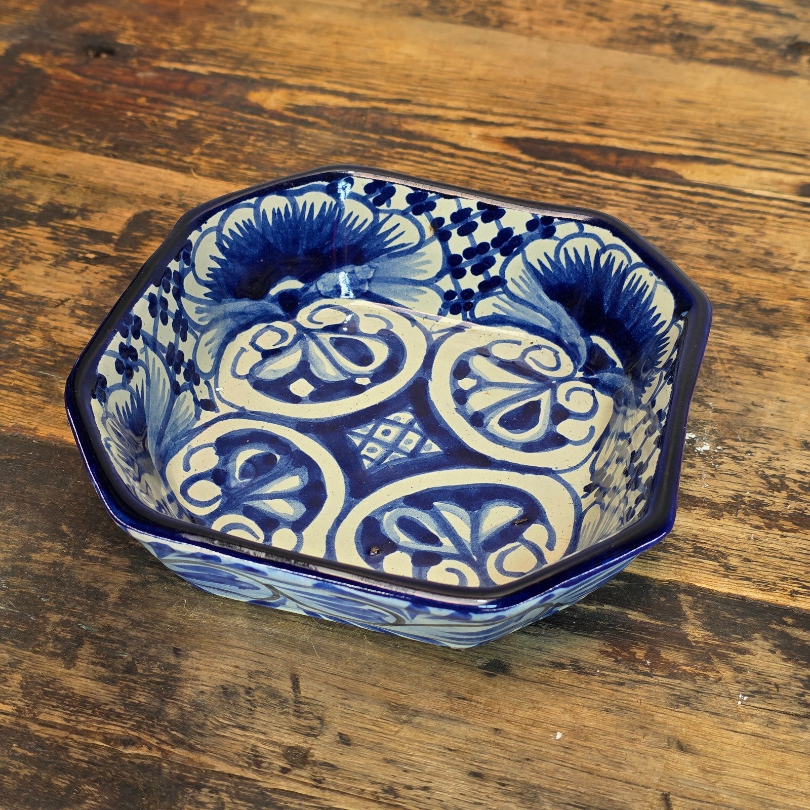 Talavera Pottery Bowl - Blue & White Octagonal Dish Signed R. VENEGAS