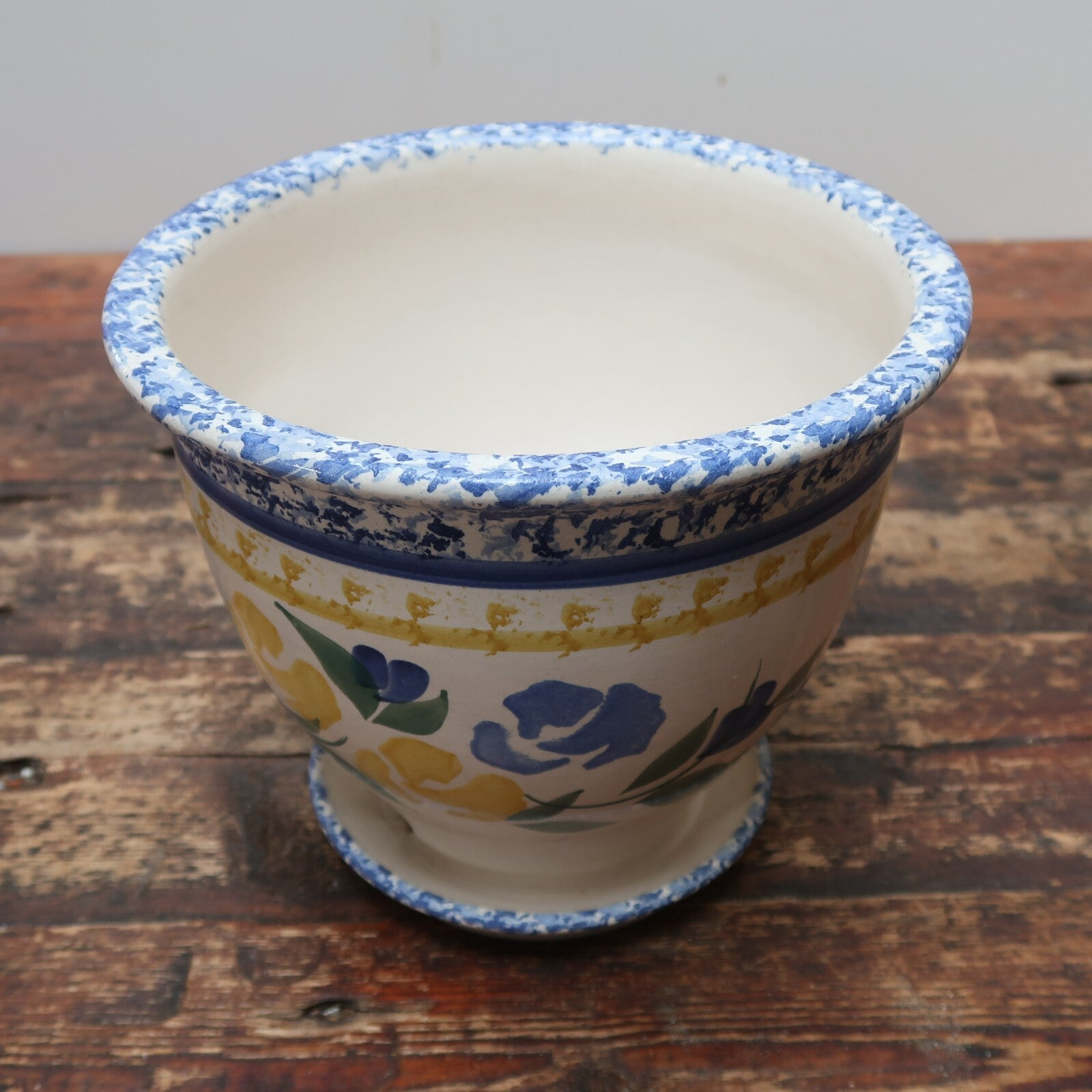 Porcelain Pot Attached Saucer Blue Yellow White Floral 9" x 9" x H 8"