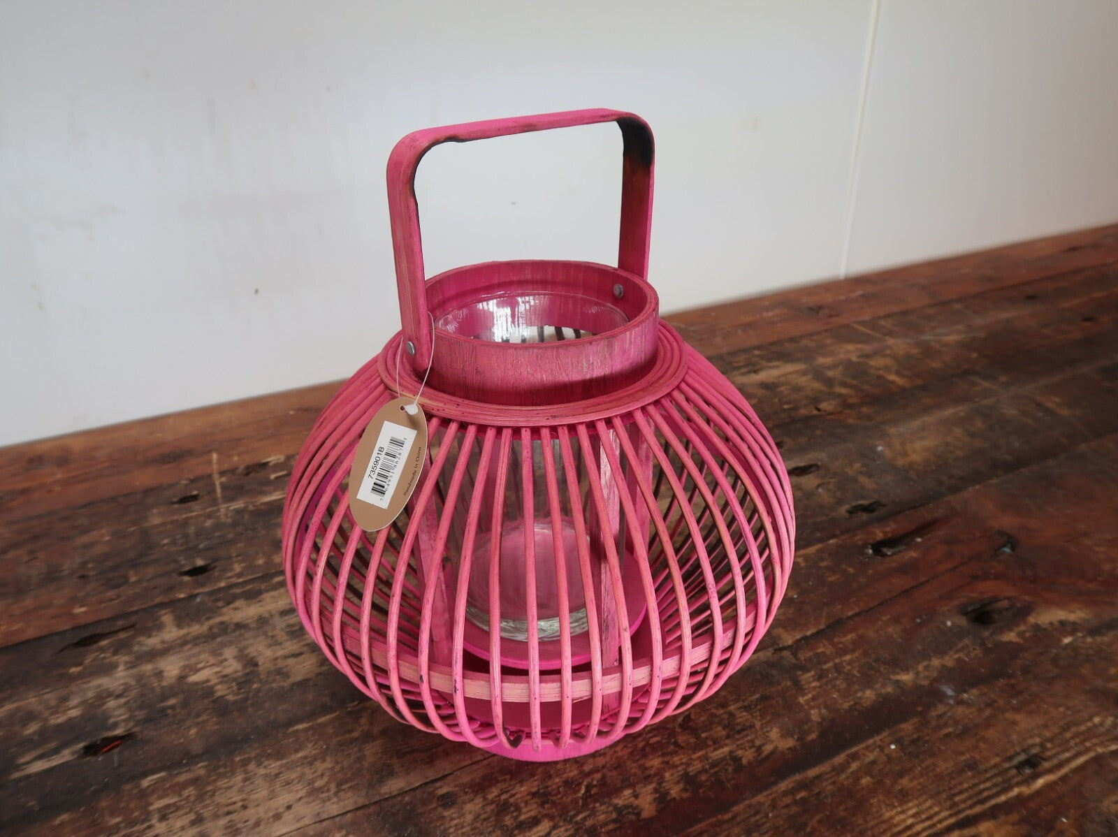 Pink Bamboo Candle Lantern With Handle 10" x 10" x H 8.5"