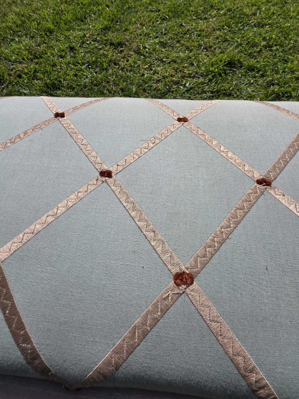 West Elm Crescent Bench Pale Blue Seat Gold Lattice Red Thread Rosette Tufts