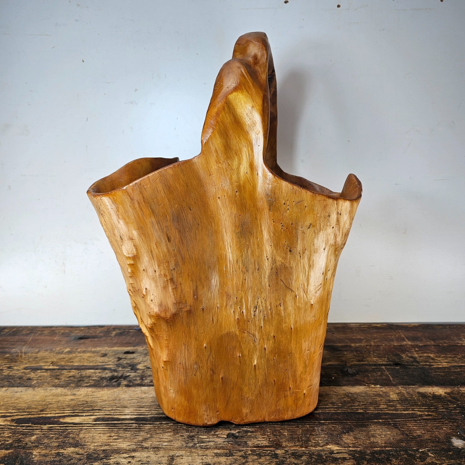 Large Wood Burl Root Hand Carved Bowl Basket with Handle 13.5" x 13.5" x 19.5"H