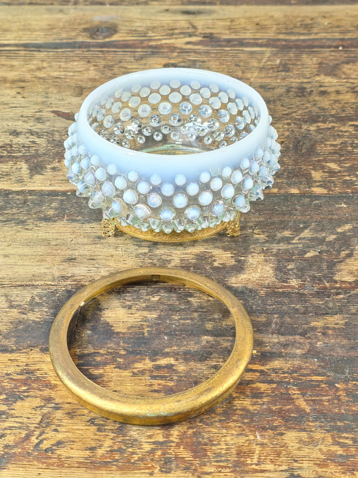 Vintage Opalescent Hobnail Glass Bowl with Fixed Ornate Brass Stand