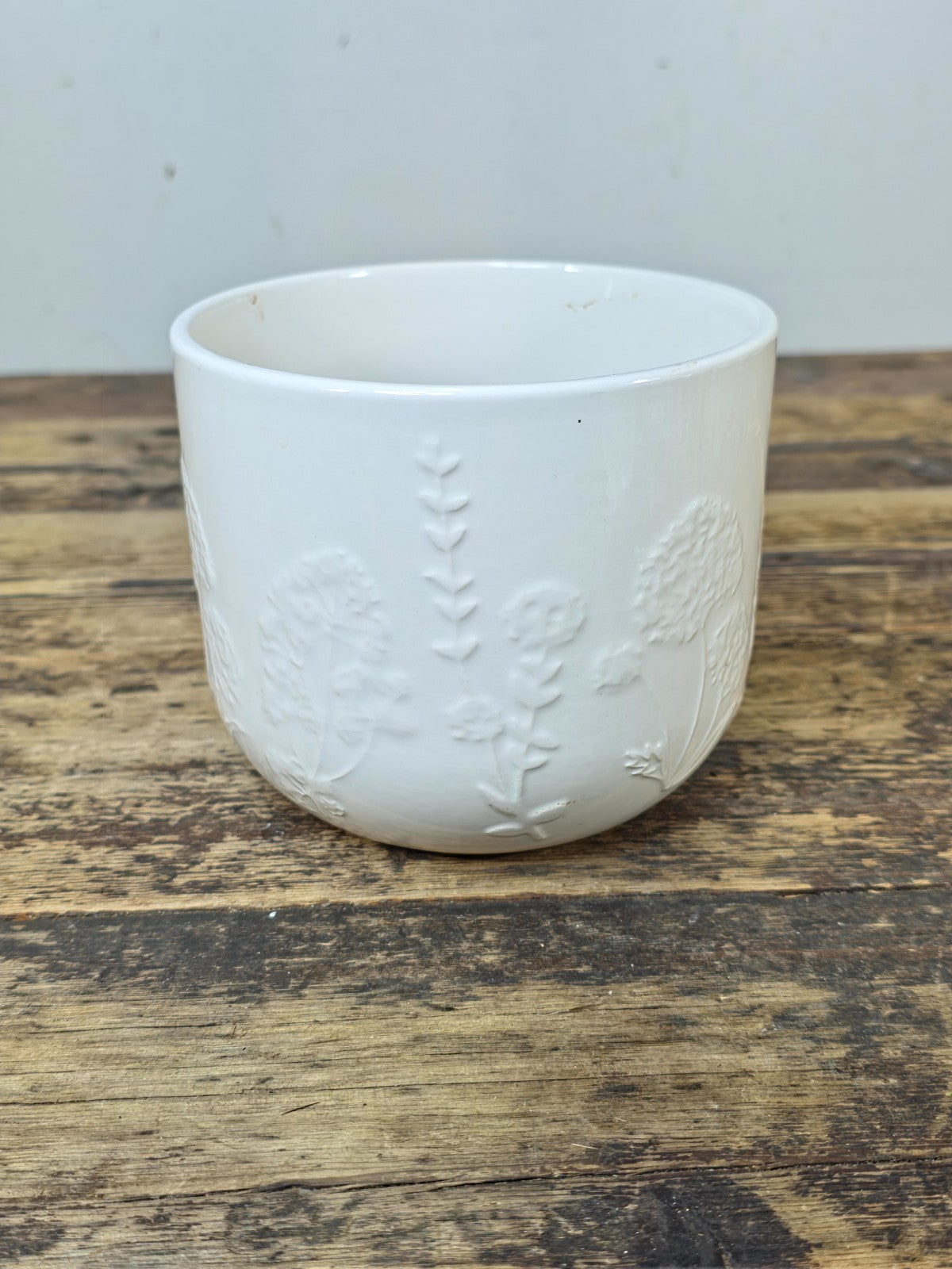 Modern White Ceramic Planter with Embossed Floral Pattern — Small, Made in USA