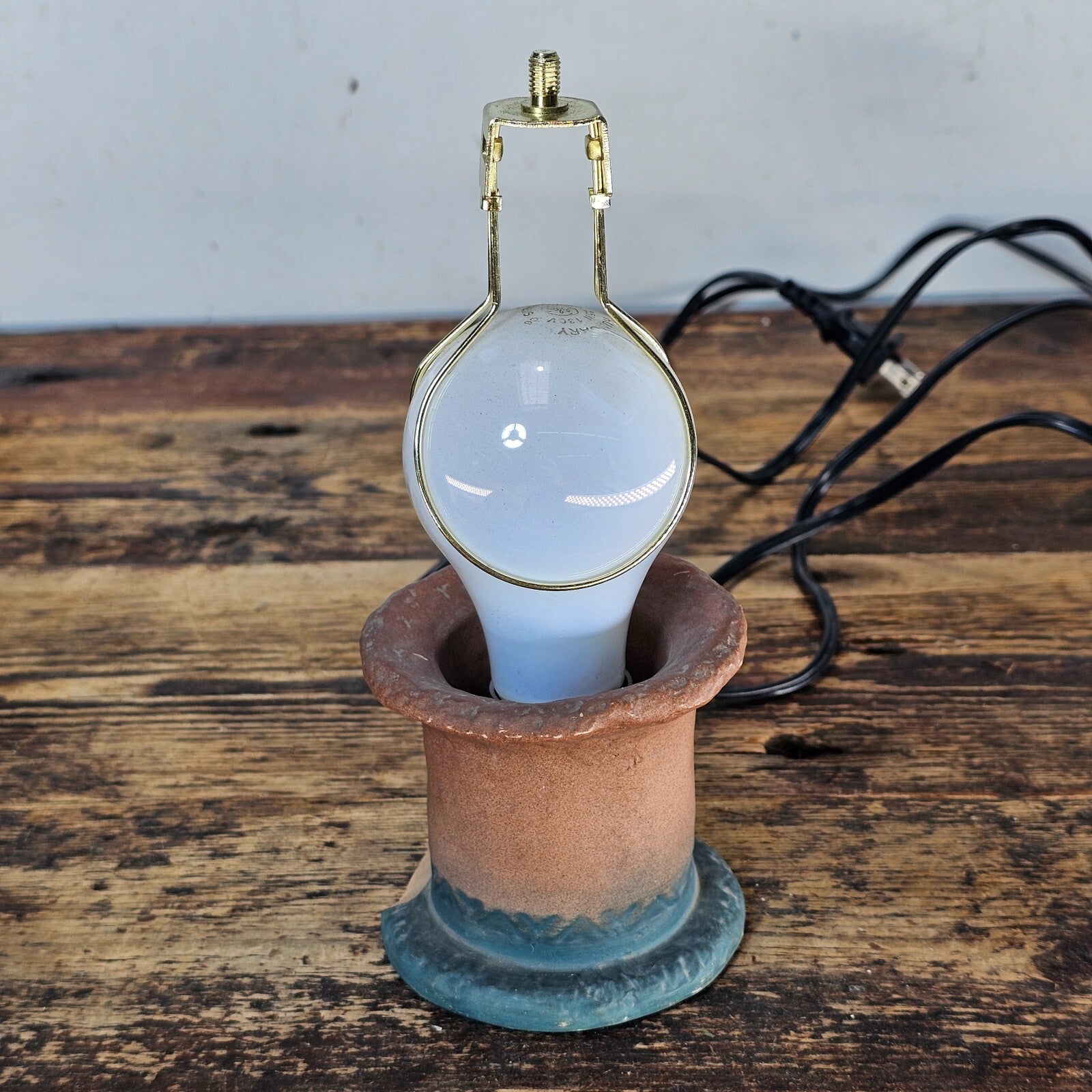 Small Pottery Table Lamp With Metal Shade 8.5"H (Has Damage)
