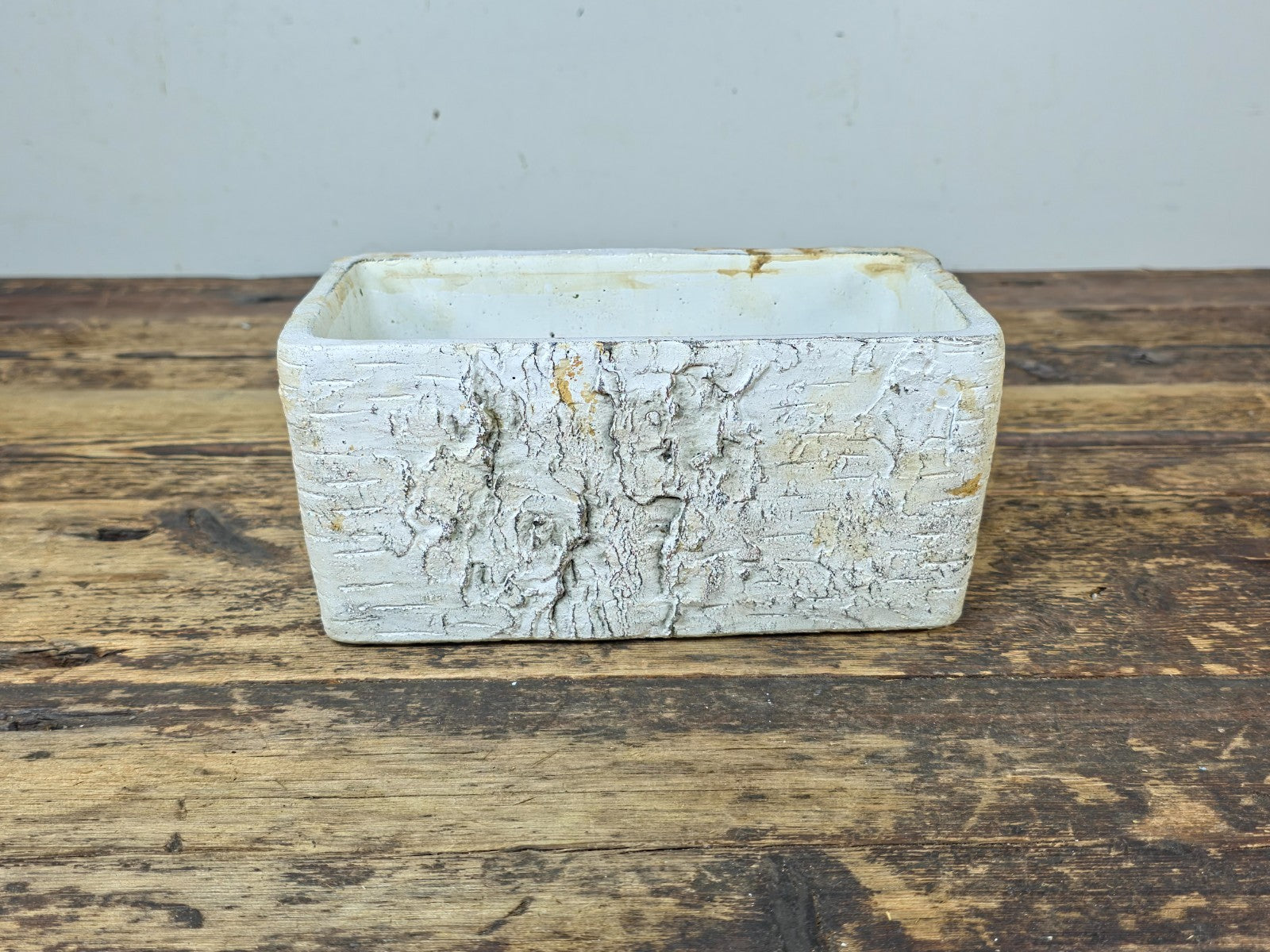Birch Bark Texture Cement Planter – Rustic White Rectangular Pot 8.5"
