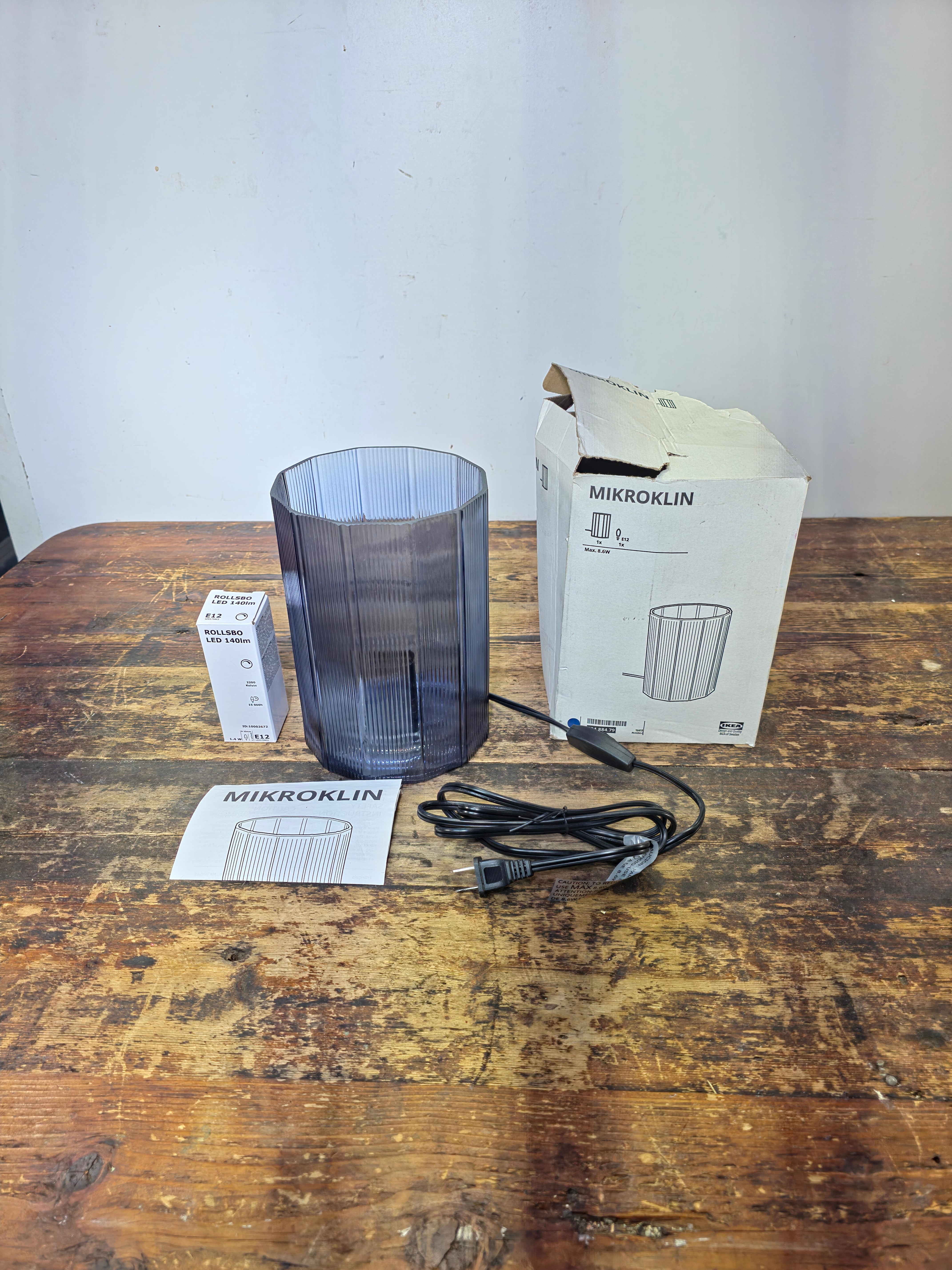IKEA MIKROKLIN Table Lamp - 12-Sided Ribbed Glass Prism - Blue/Purple Smoke
