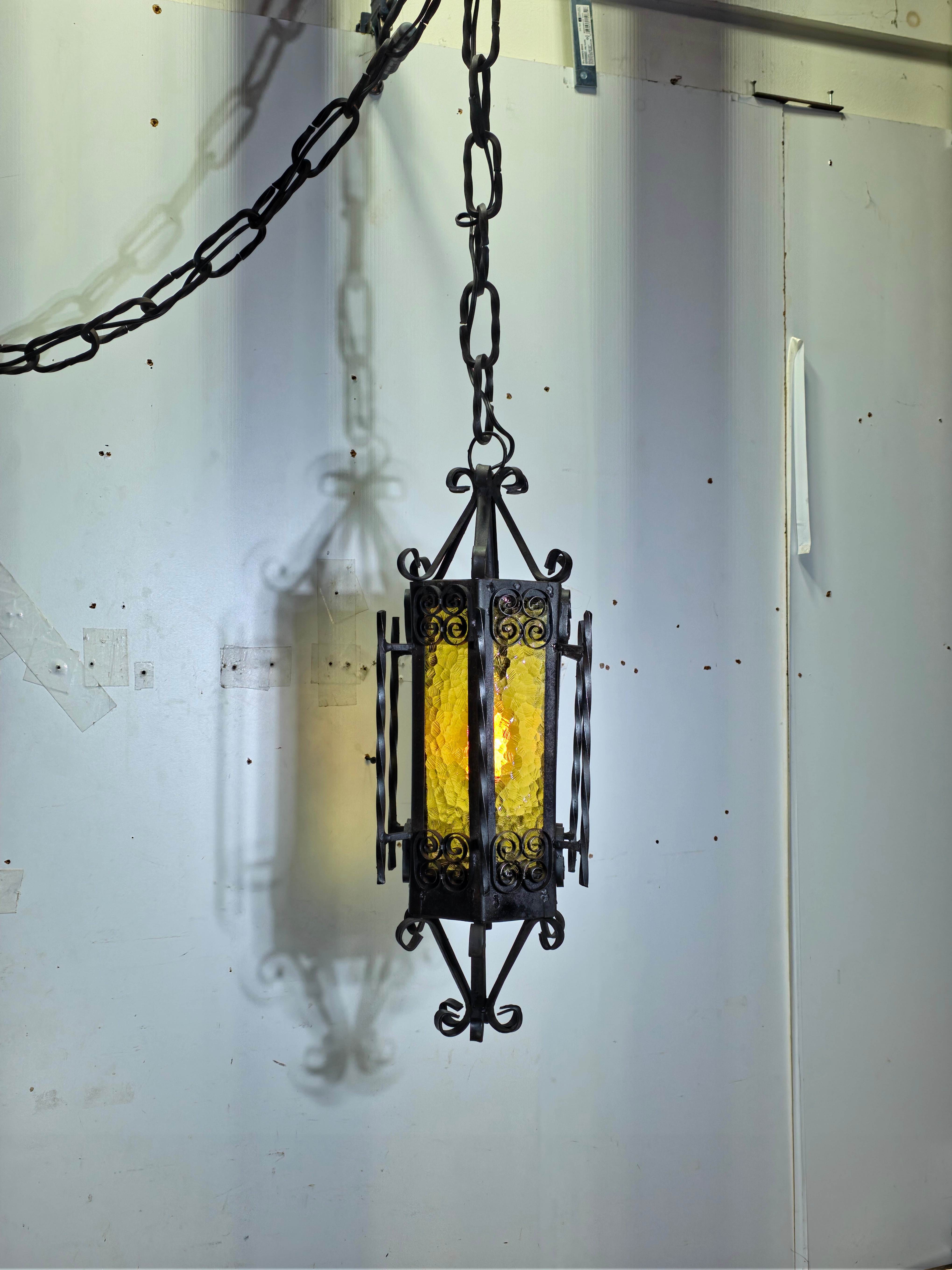 Vintage Spanish Gothic Revival Wrought Iron Swag Lamp - 22.5"H