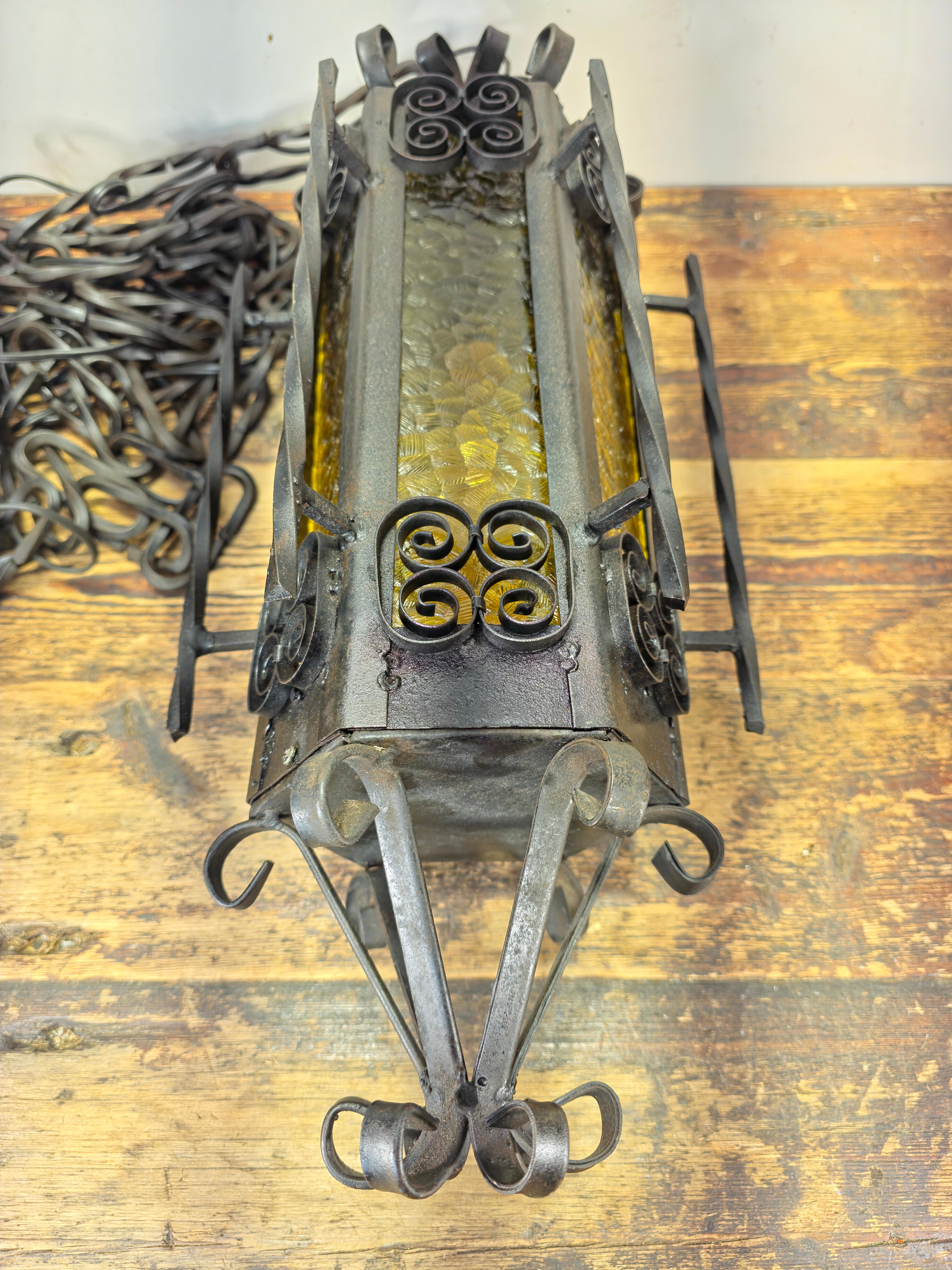 Vintage Spanish Gothic Revival Wrought Iron Swag Lamp - 22.5"H