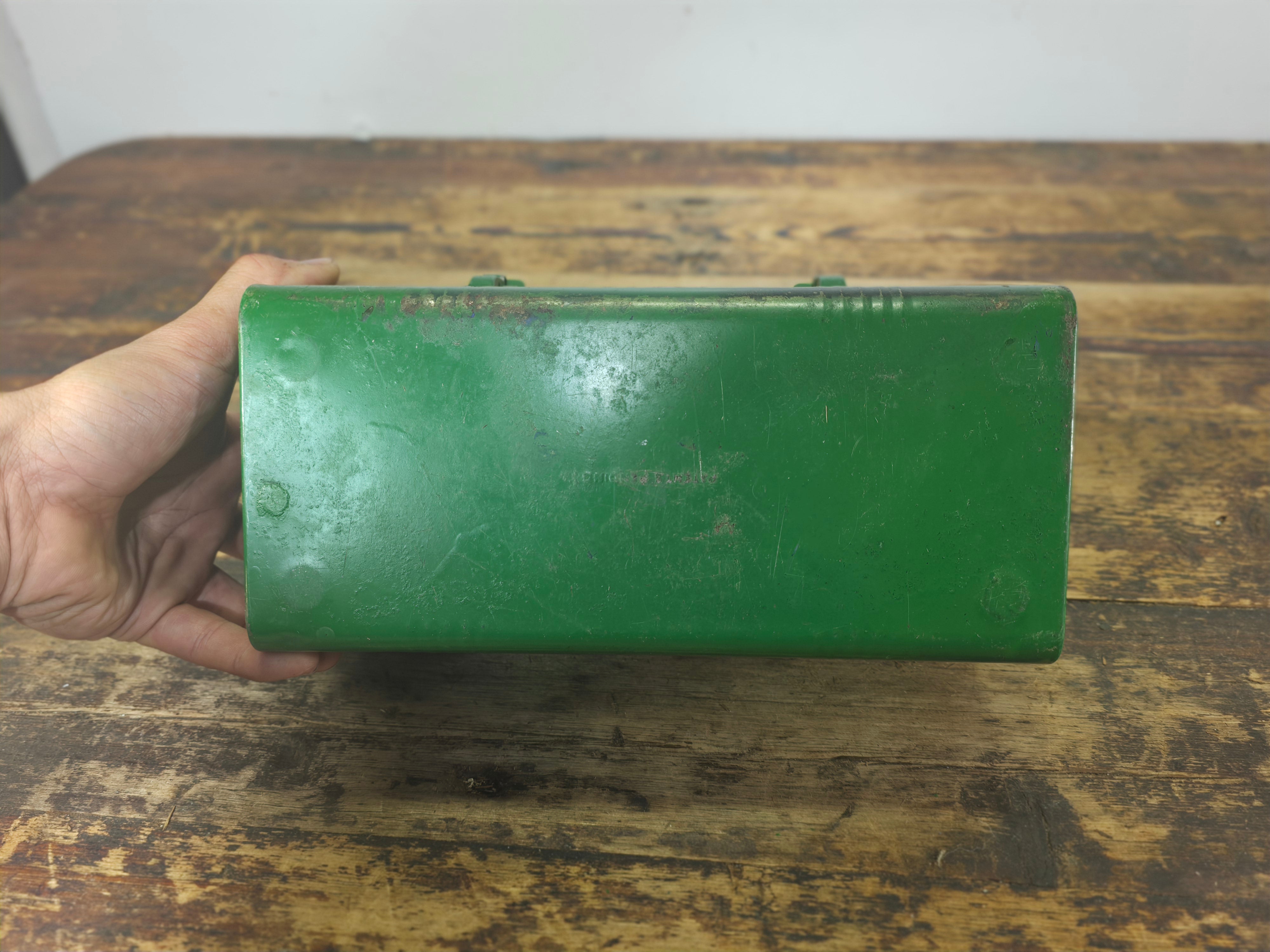 Vintage Industrial Dome-Top Metal Lunch Box - Deep Green Repaint Rustic