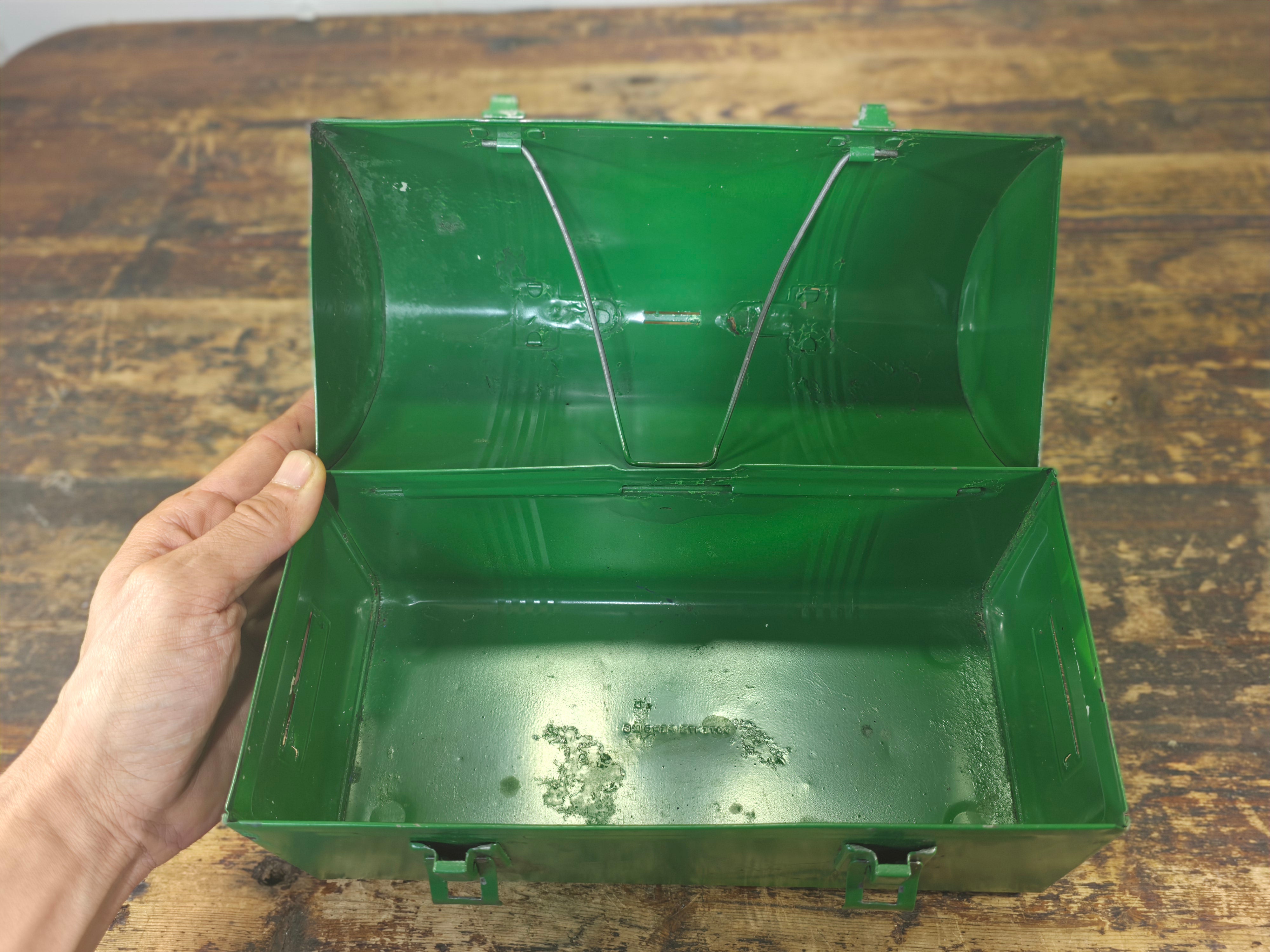 Vintage Industrial Dome-Top Metal Lunch Box - Deep Green Repaint Rustic
