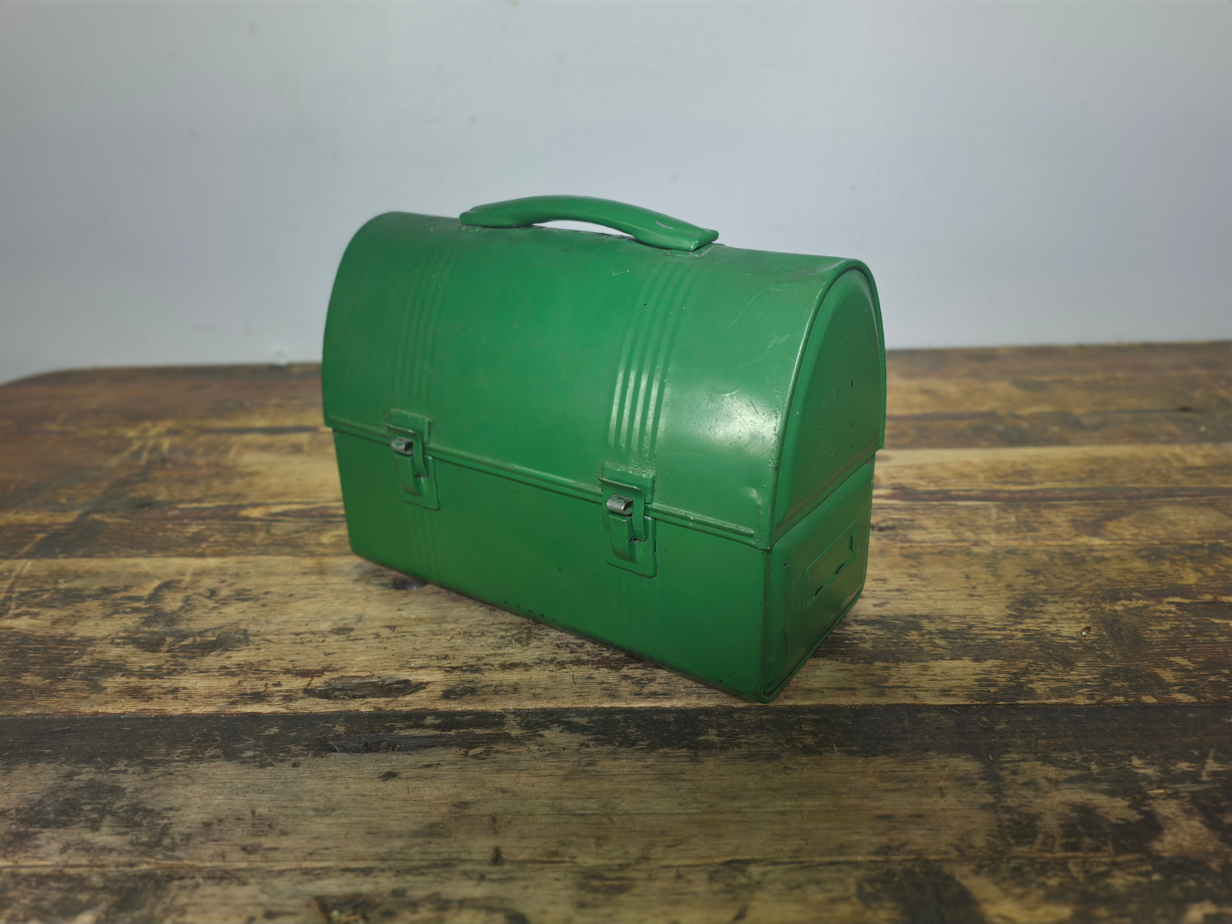 Vintage Industrial Dome-Top Metal Lunch Box - Deep Green Repaint Rustic