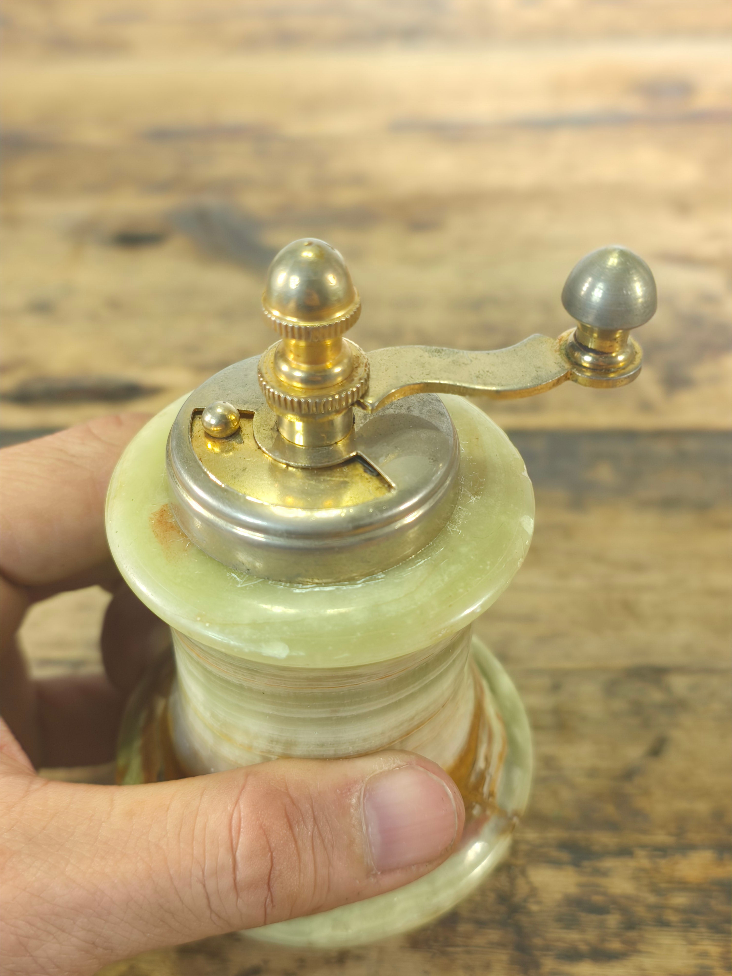 Vintage Italian Onyx & Brass Pepper Mill - Guaranteed Steel Italy - Mid-Century