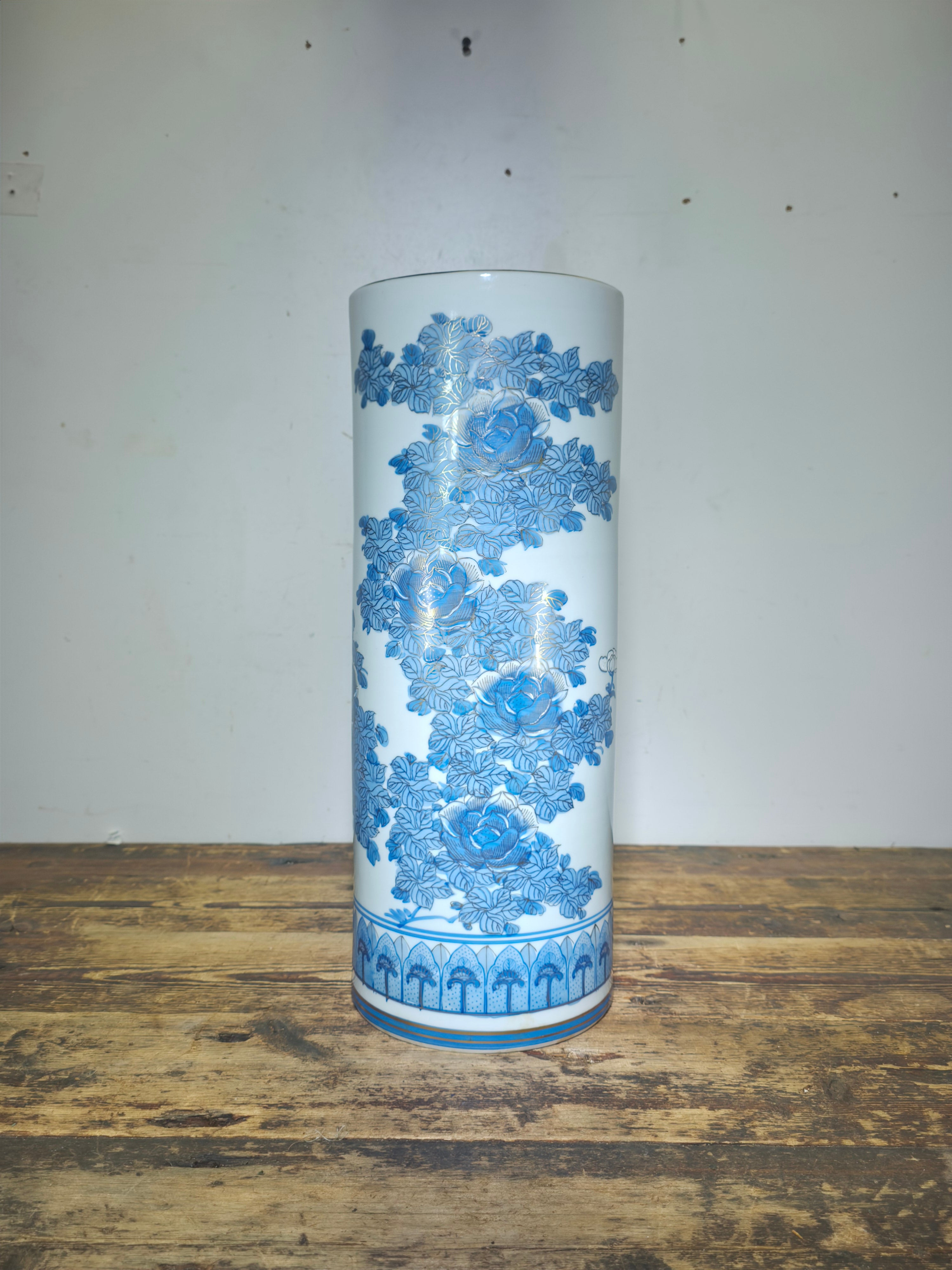 18" Vintage Kutani Vase Umbrella Stand Blue & White Gold Peony Bunho Japan