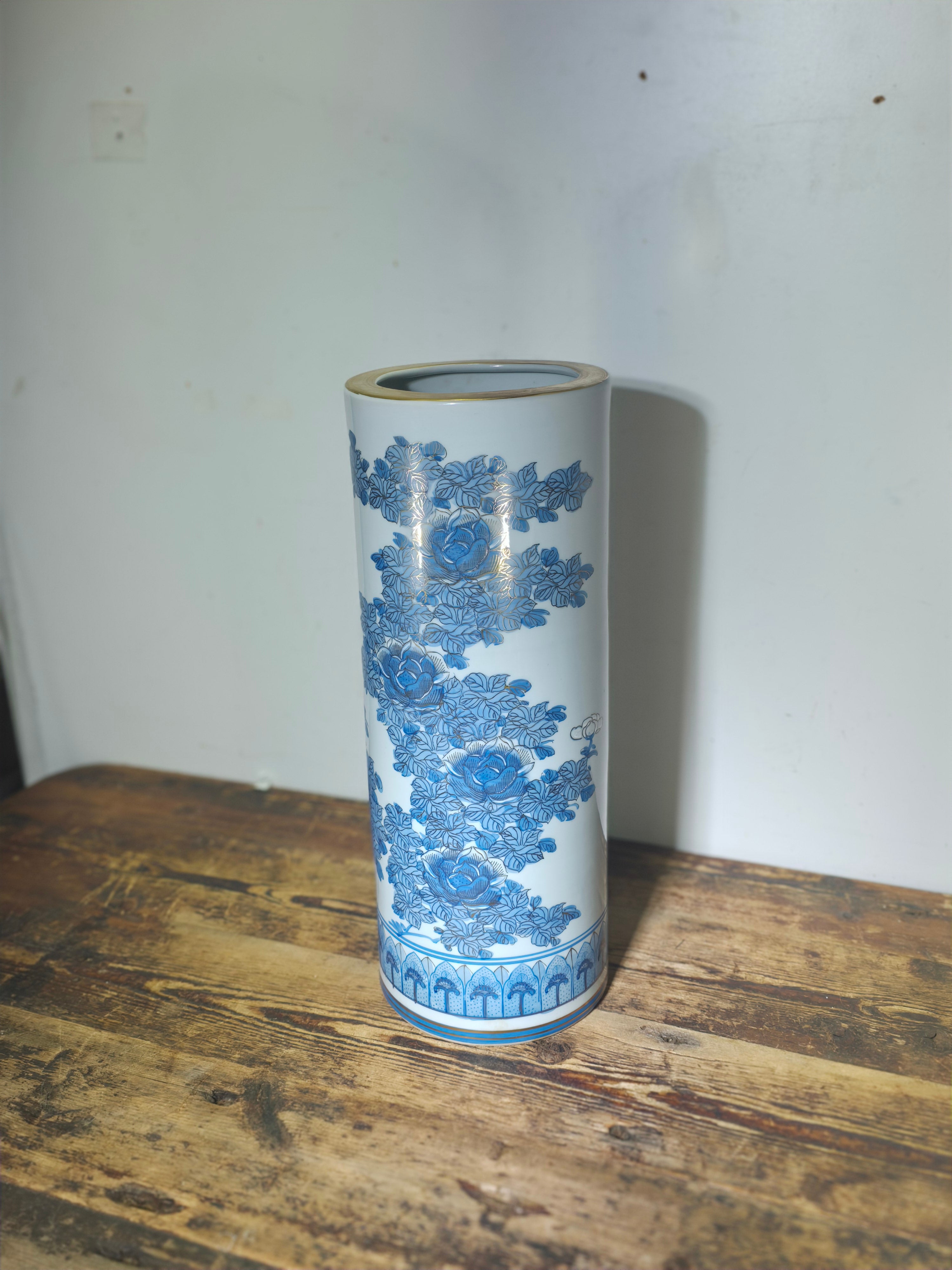 18" Vintage Kutani Vase Umbrella Stand Blue & White Gold Peony Bunho Japan