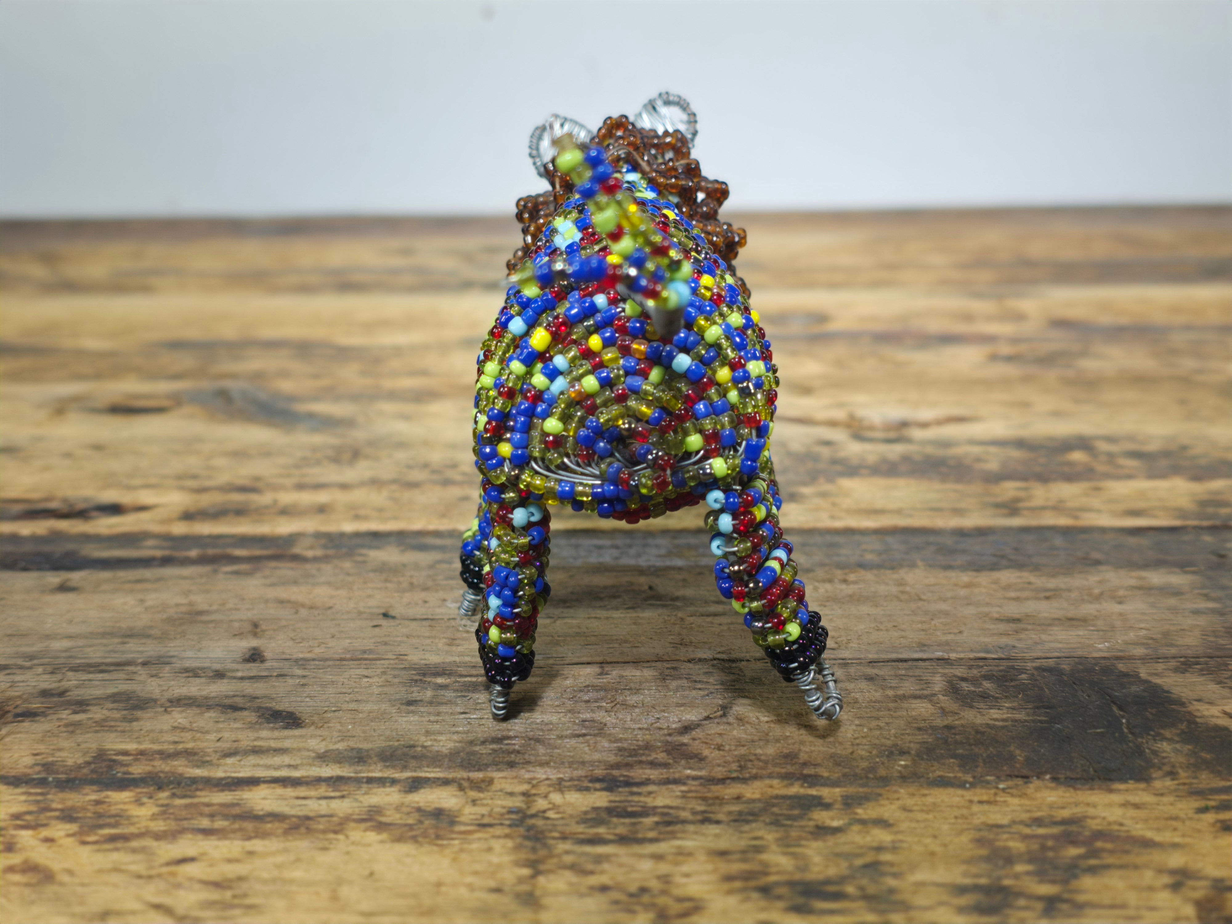 Vintage South African Hand-Beaded Wire Art Figurine - Lion with Mane - Folk Art