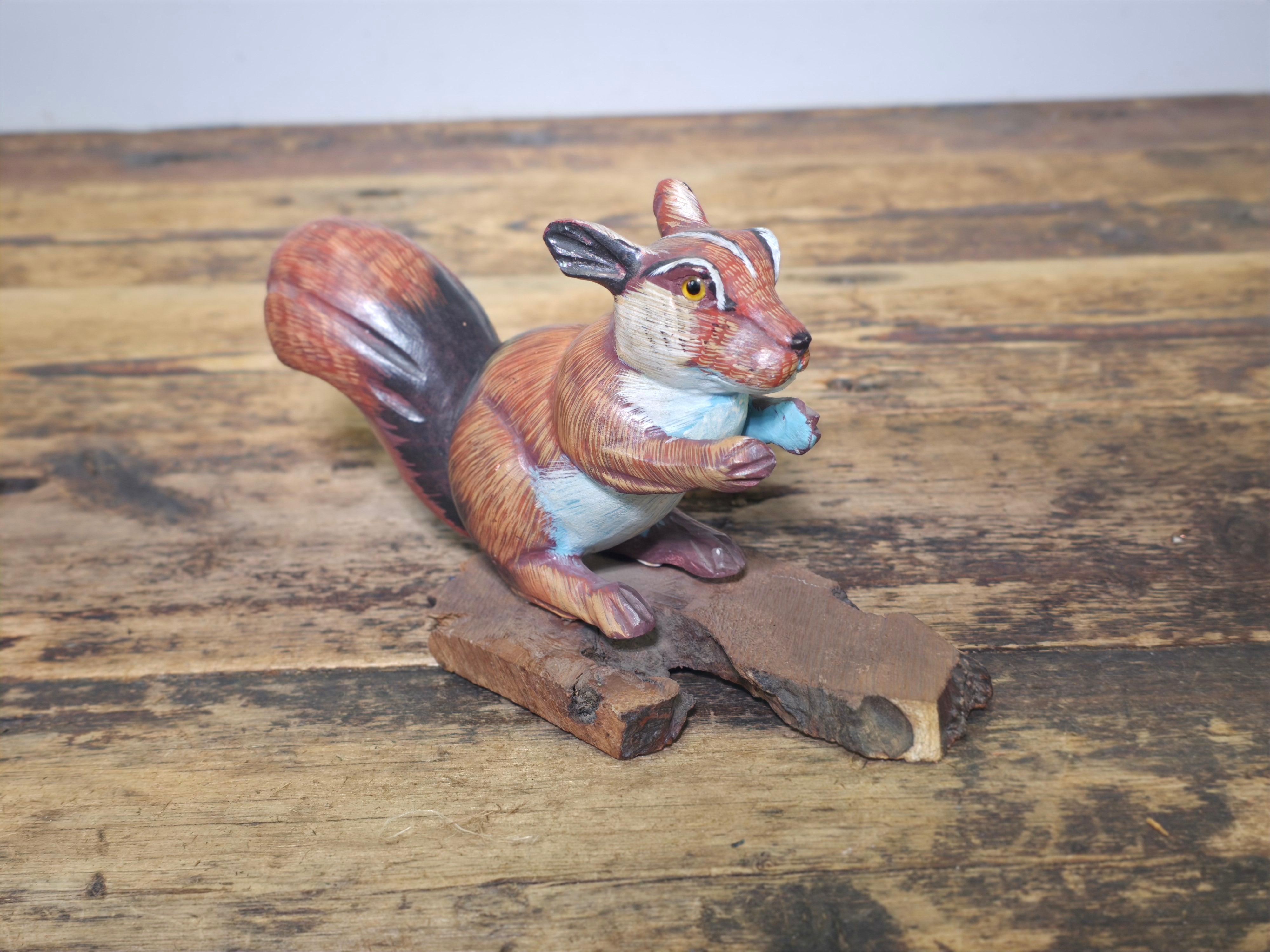 Vintage Hand-Carved Wood Squirrel Figurine on Natural Bark Base
