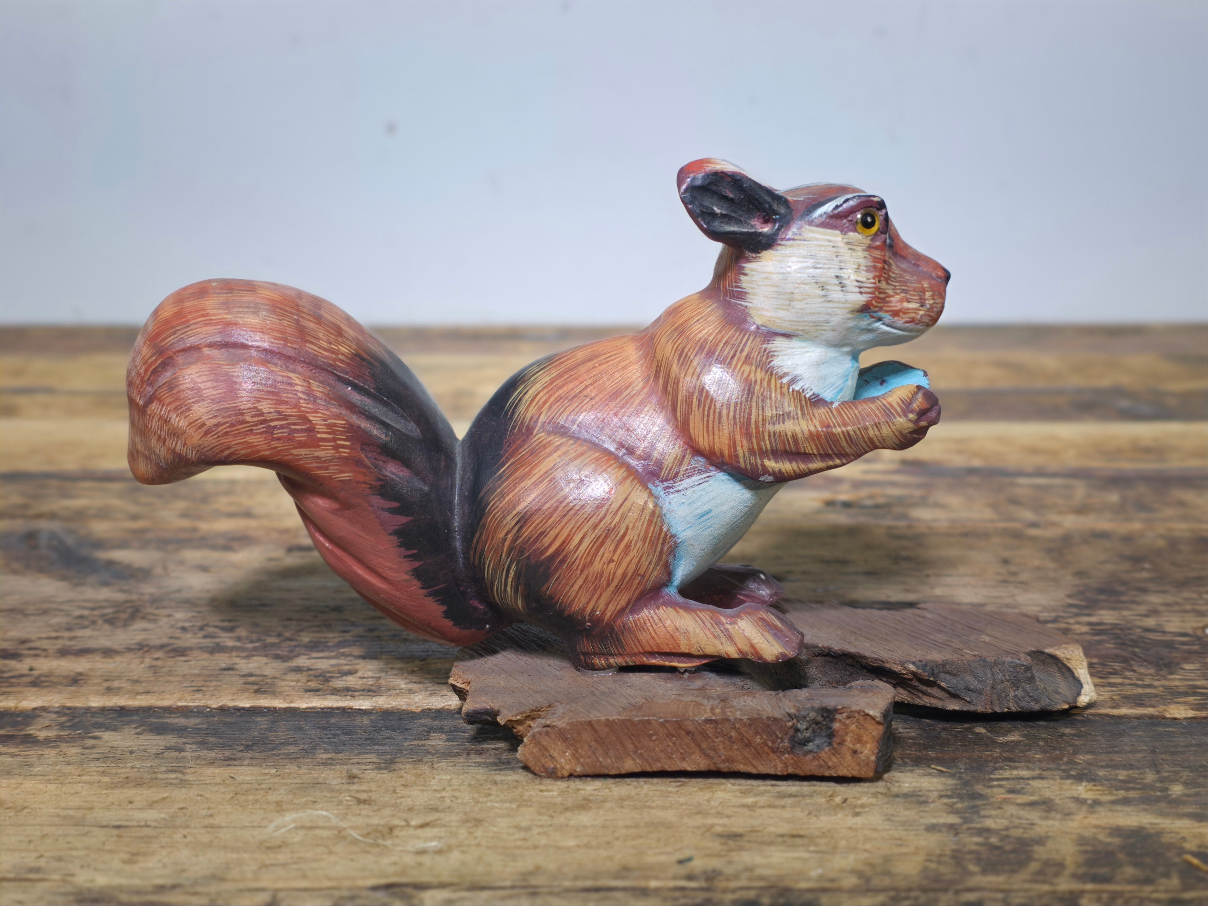 Vintage Hand-Carved Wood Squirrel Figurine on Natural Bark Base