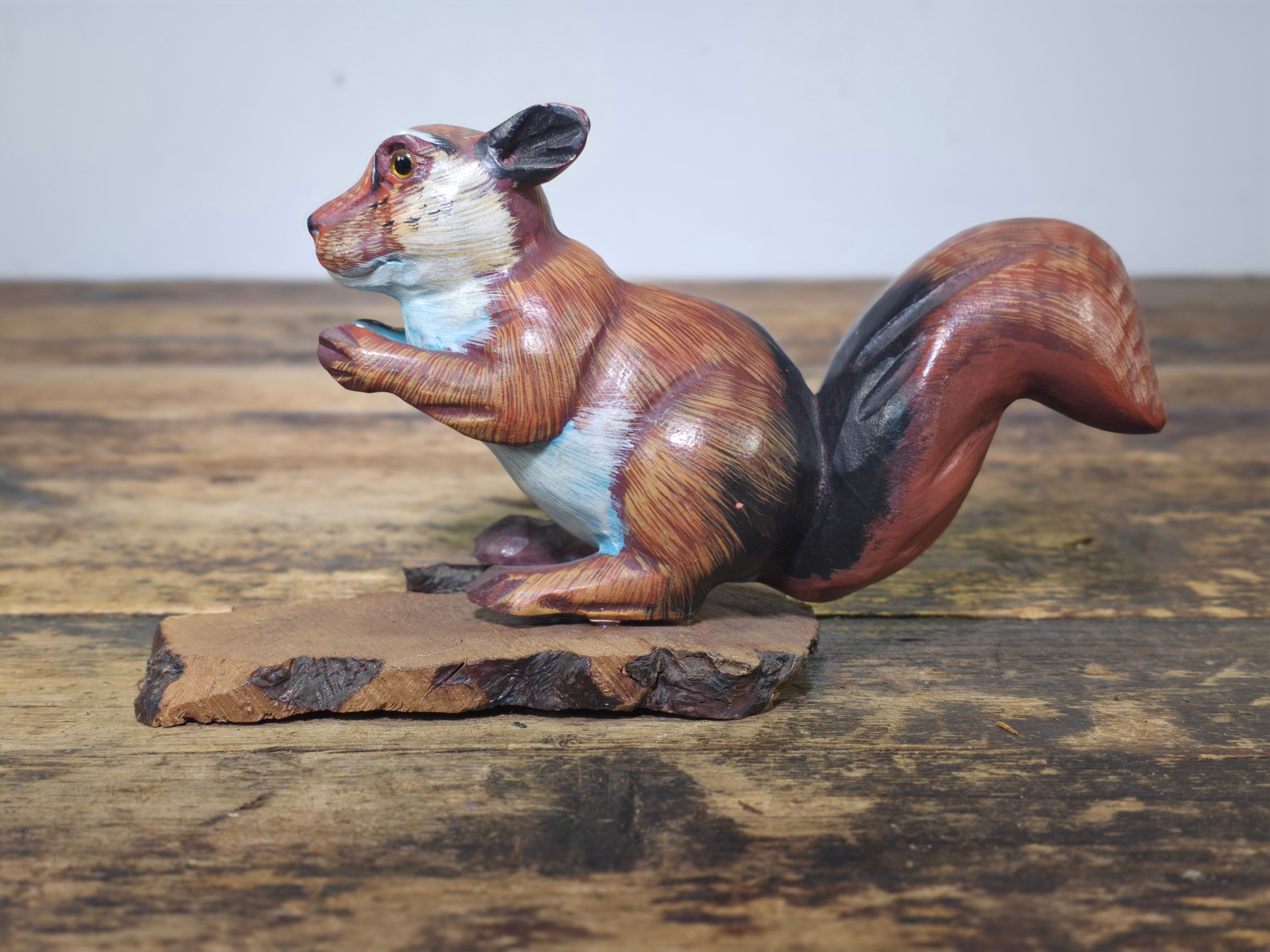 Vintage Hand-Carved Wood Squirrel Figurine on Natural Bark Base