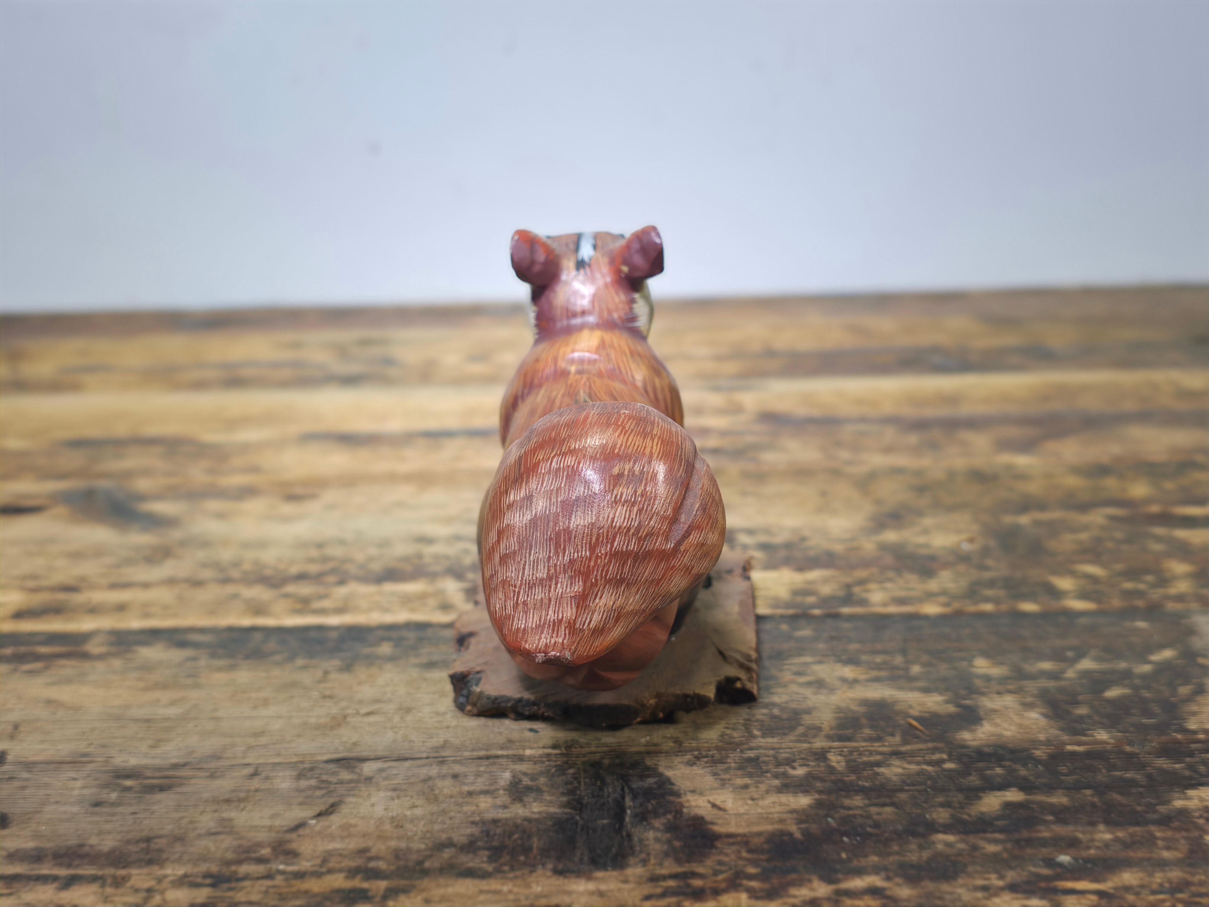 Vintage Hand-Carved Wood Squirrel Figurine on Natural Bark Base
