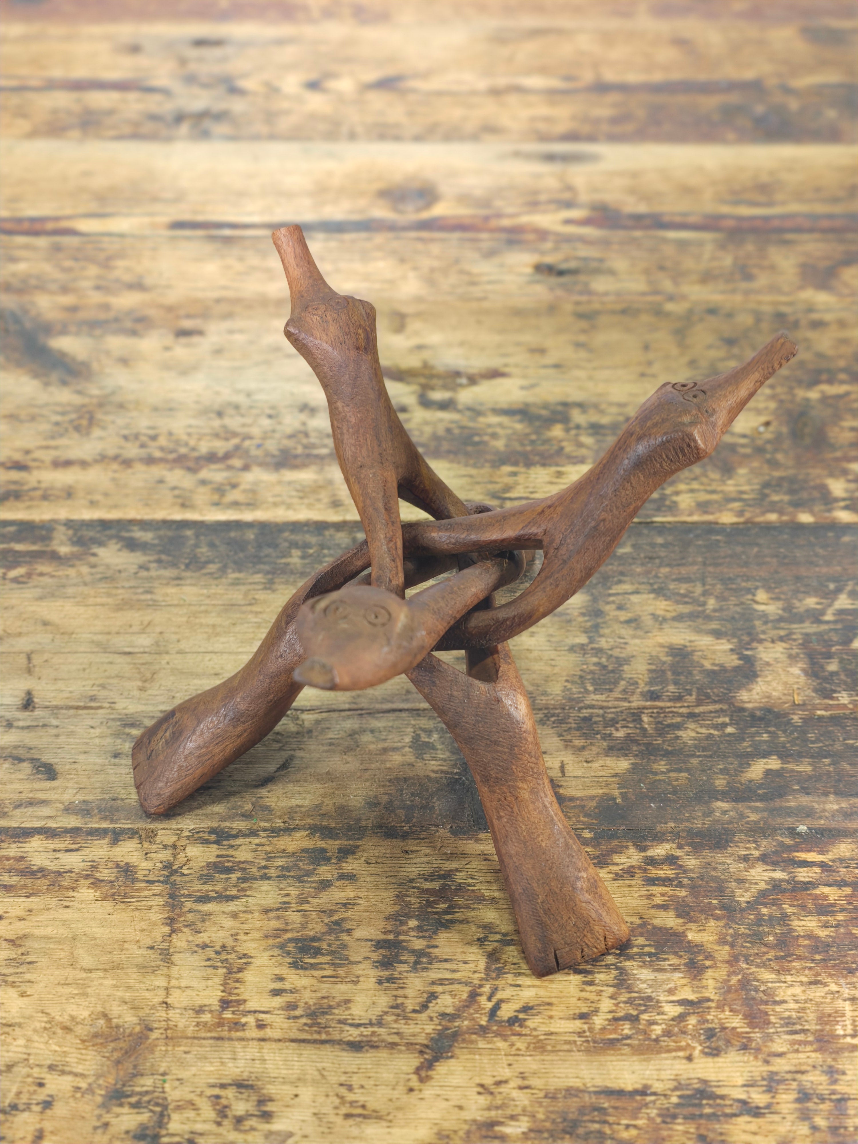 Vintage Hand-Carved Wooden Cobra Tripod Stand - Interlocking Folding Design