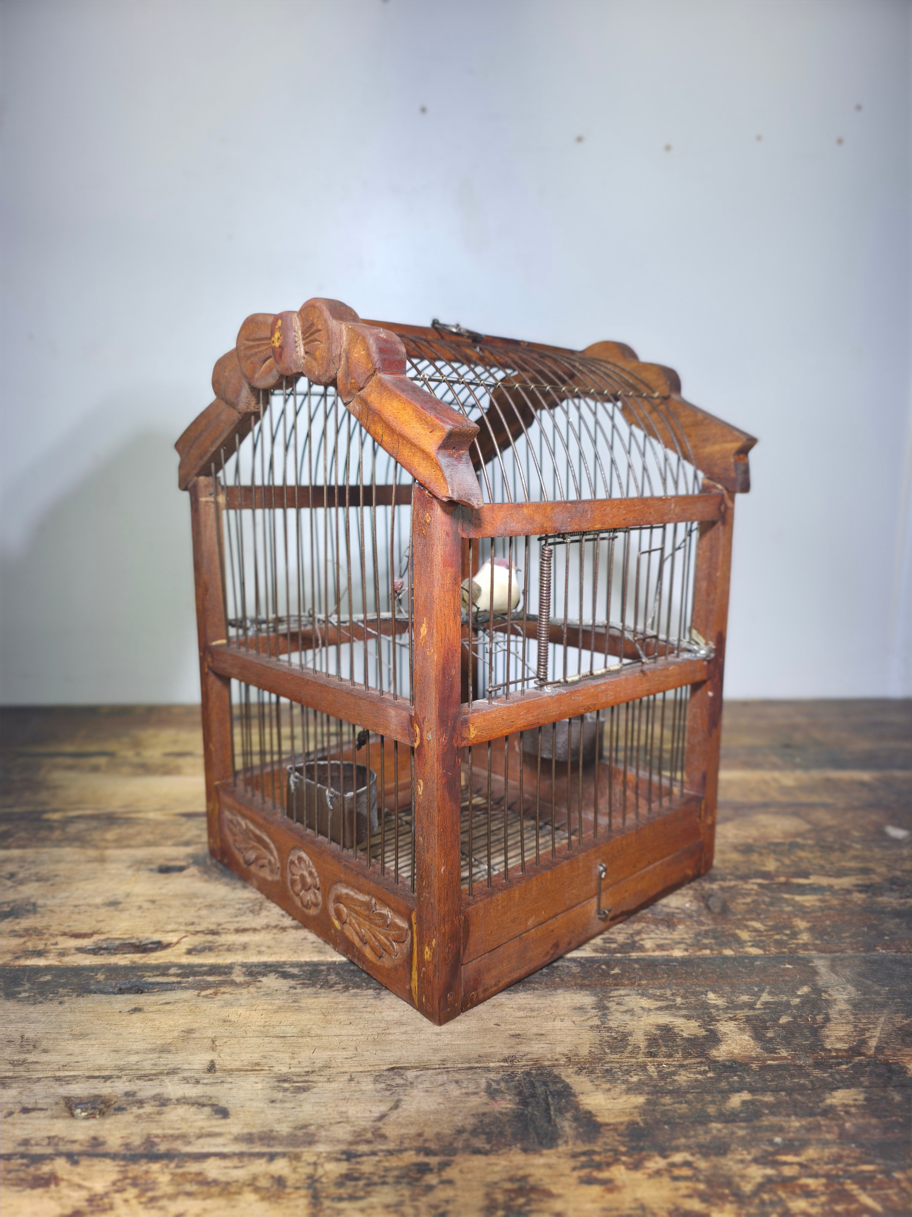 Vintage Hand-Carved Wood Birdcage - Large Floral & Bow Detailing with Songbird